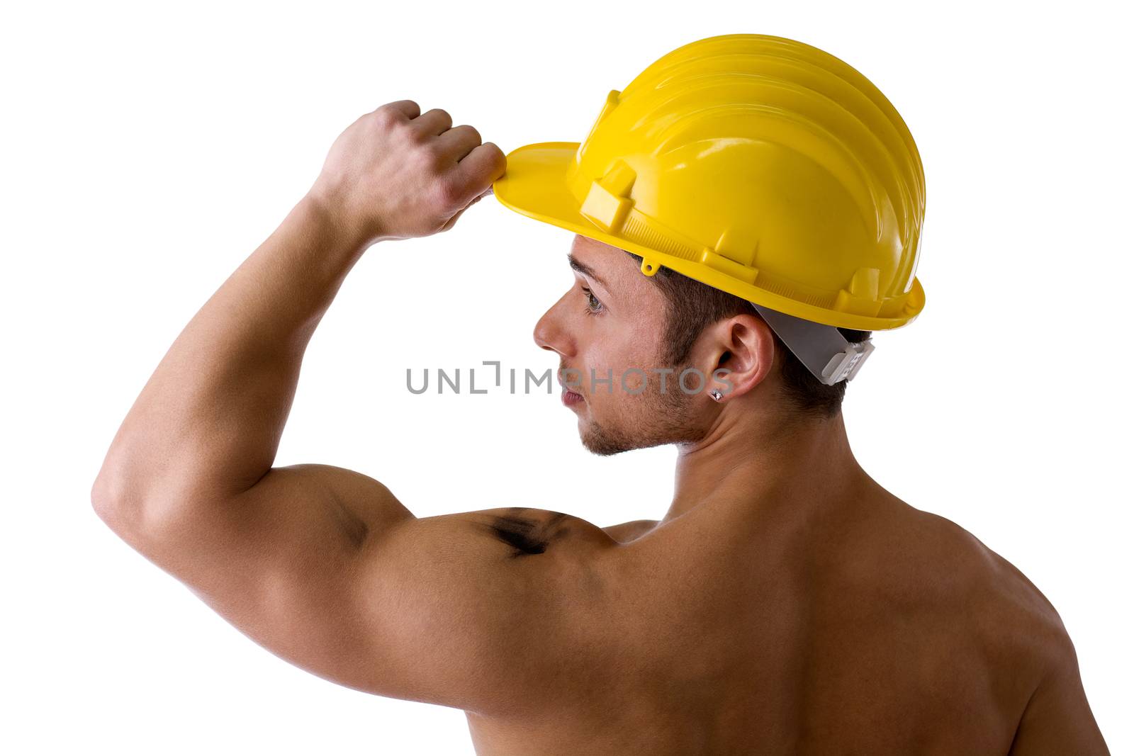 Muscular young construction worker shirtless with hardhat, isolated on white background, rearview