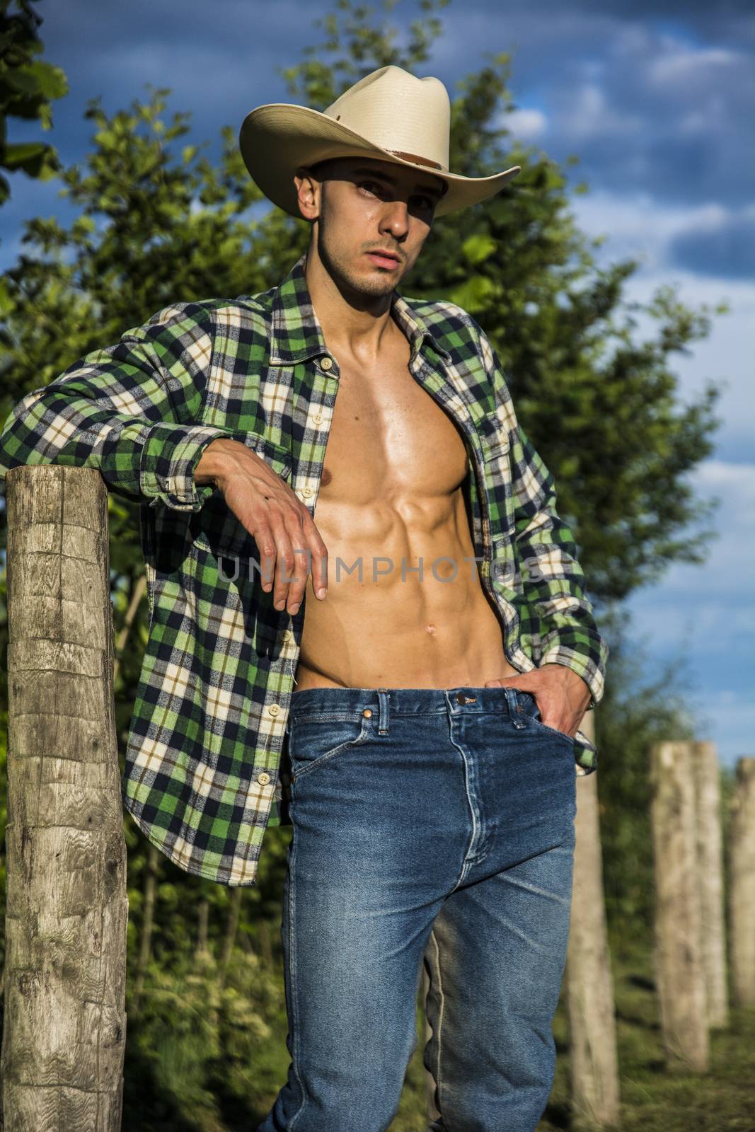 Portrait of sexy farmer or cowboy in hat with unbuttoned shirt on muscular torso, looking to a side, while standing next to hay field in countryside