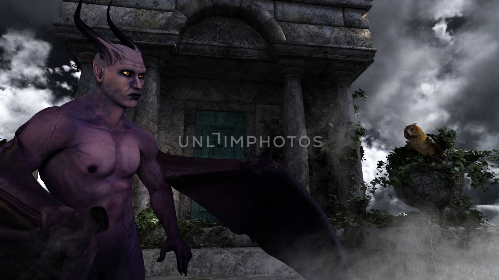 Fallen angel satan in old spooky mausoleum in moonlight - 3d rendering