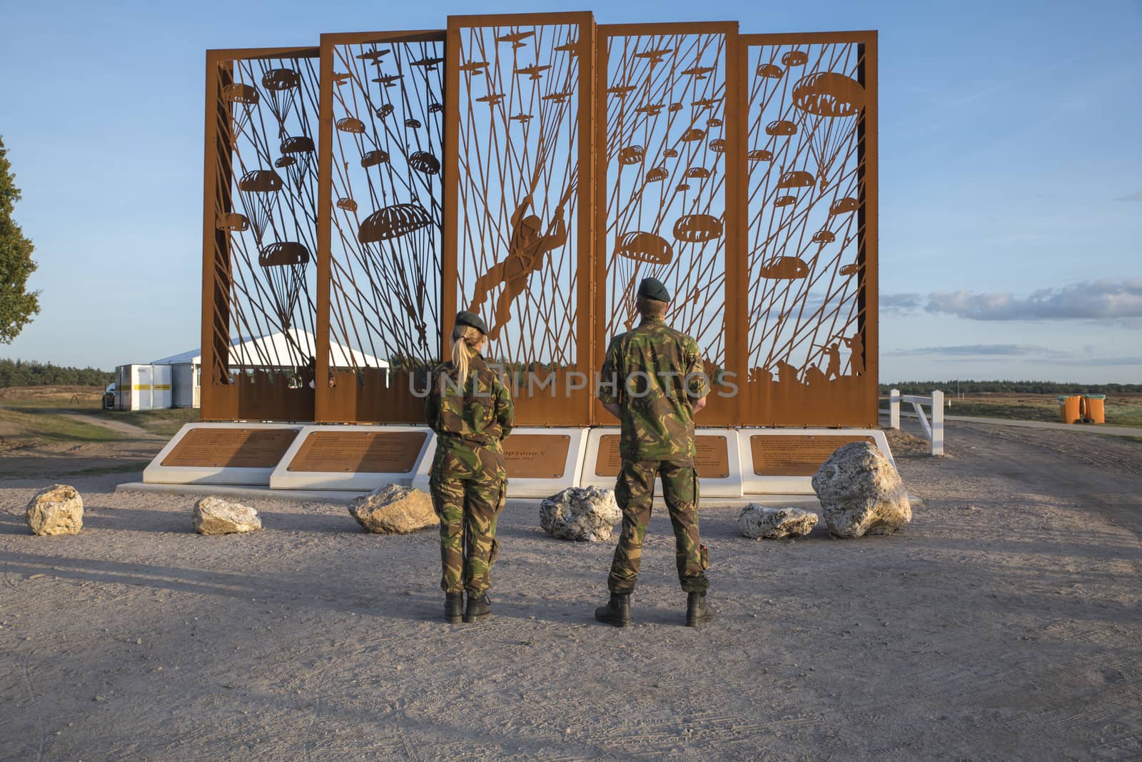 Ede,19-sept-2019: Soldiers at the new monument on the Ginkel heath, windows of the past.Colen's design marks the place where the Allied parachutists landed in 1944 to contribute to the liberation of the Netherlands