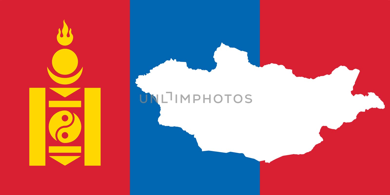 The Mongolia national flag with the country map in silhouette