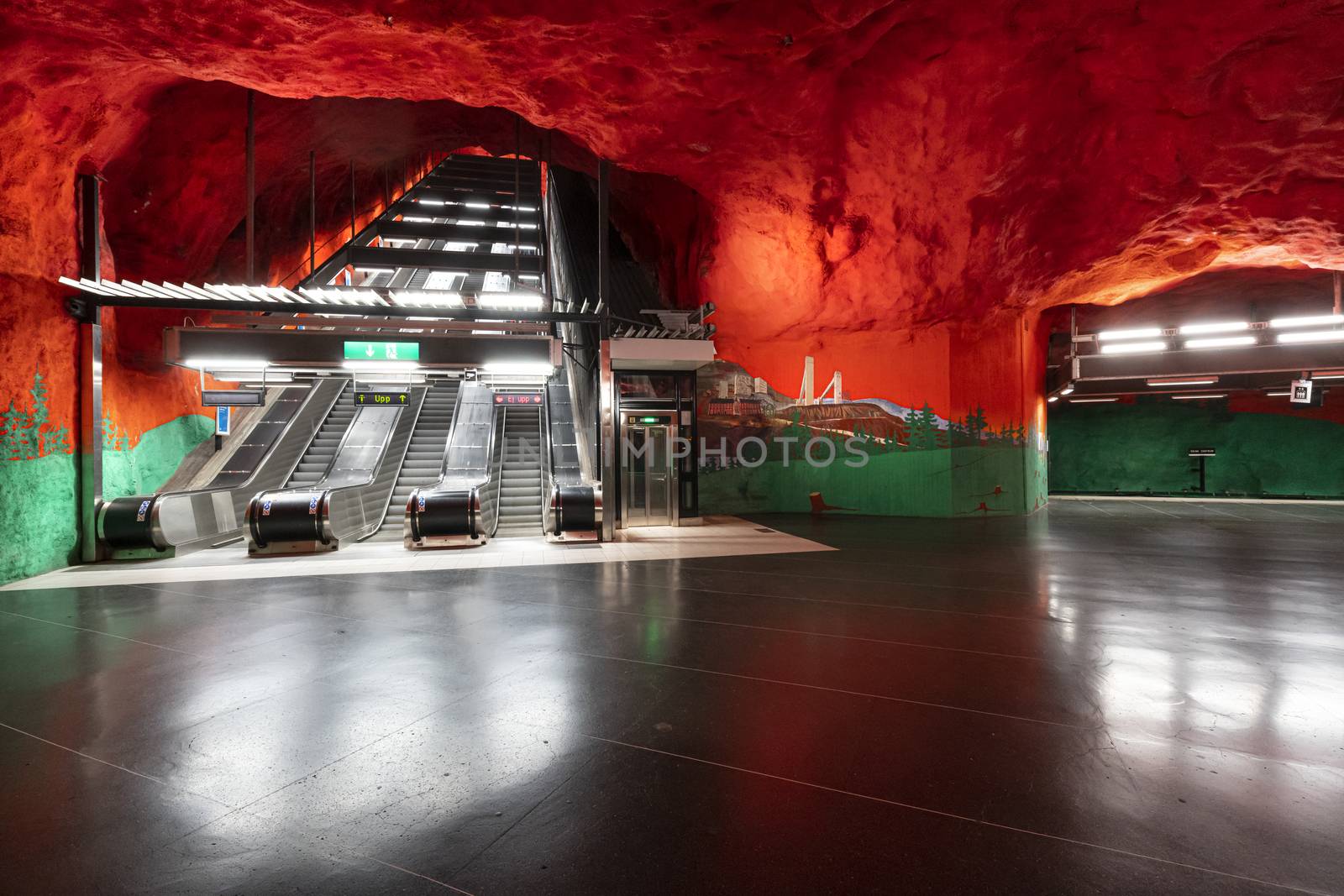 Stockholm, Sweden. September 2019.  The interior view of the  Solna centrum Metro Station  platform