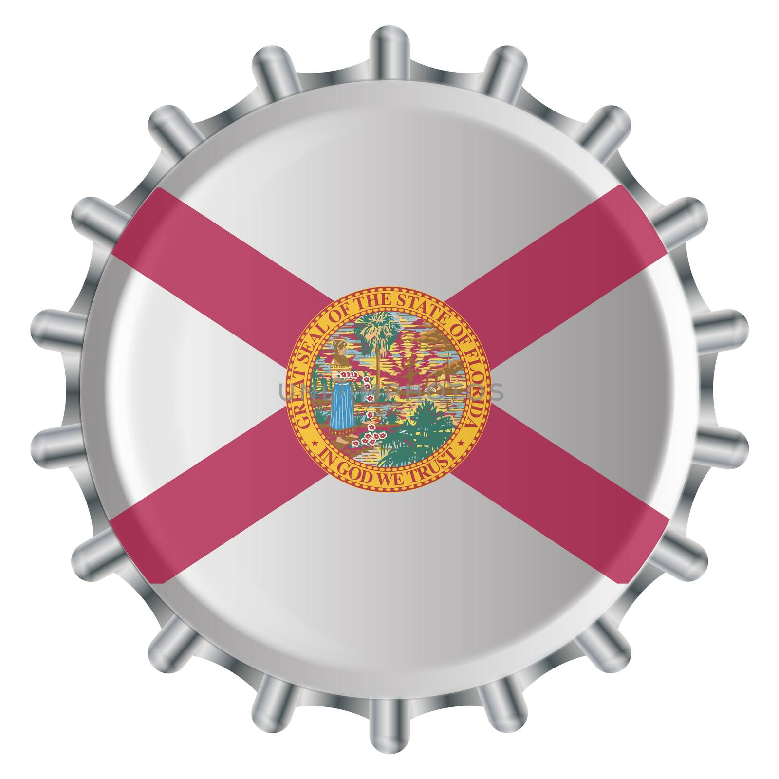 A typical metal glass bottle cap with the Florida state flag colors isolated on a white background