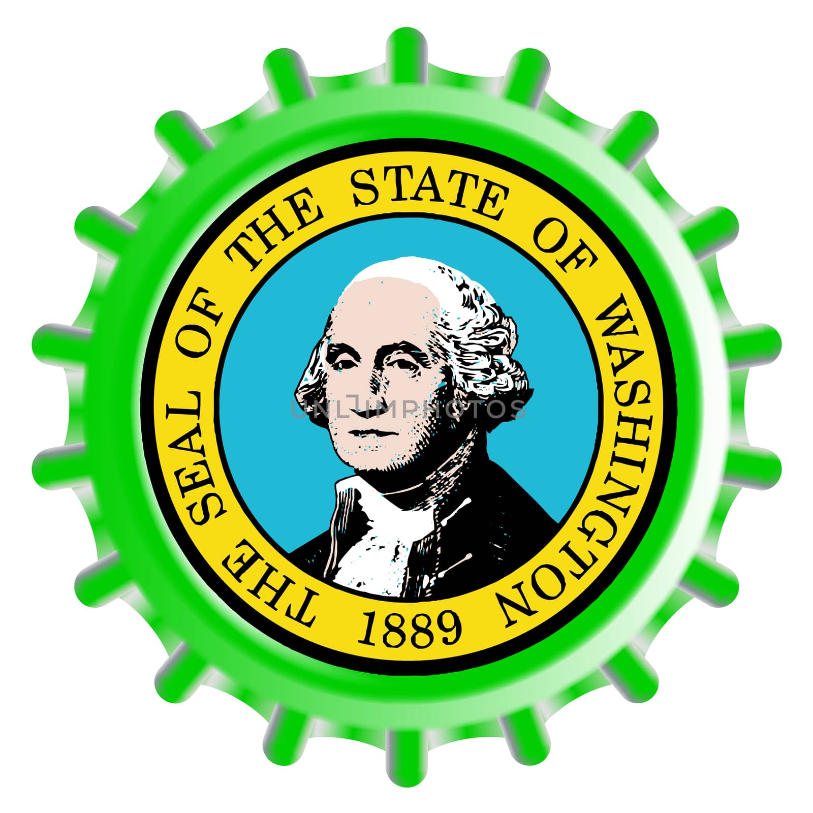 A typical metal glass bottle cap in Washington state flag colors isolated on a white background