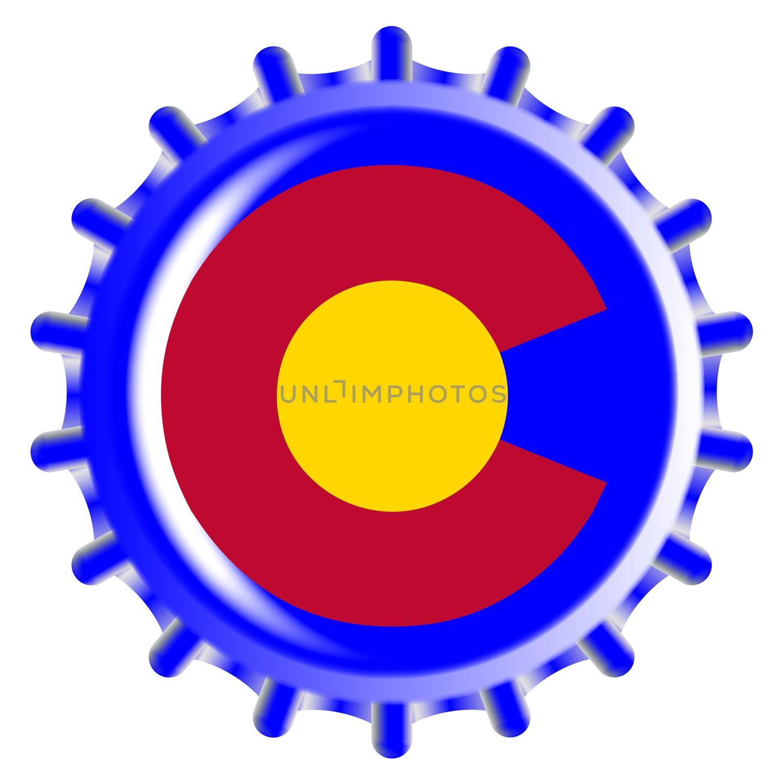 A typical metal glass bottle cap in Colorado state flag colors isolated on a white background