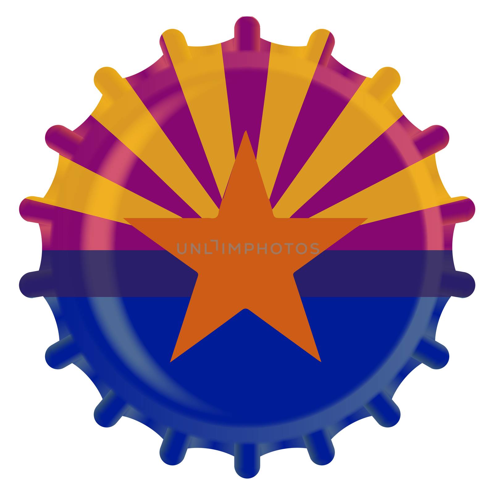 A typical metal glass bottle cap in Arizona state flag colors isolated on a white background