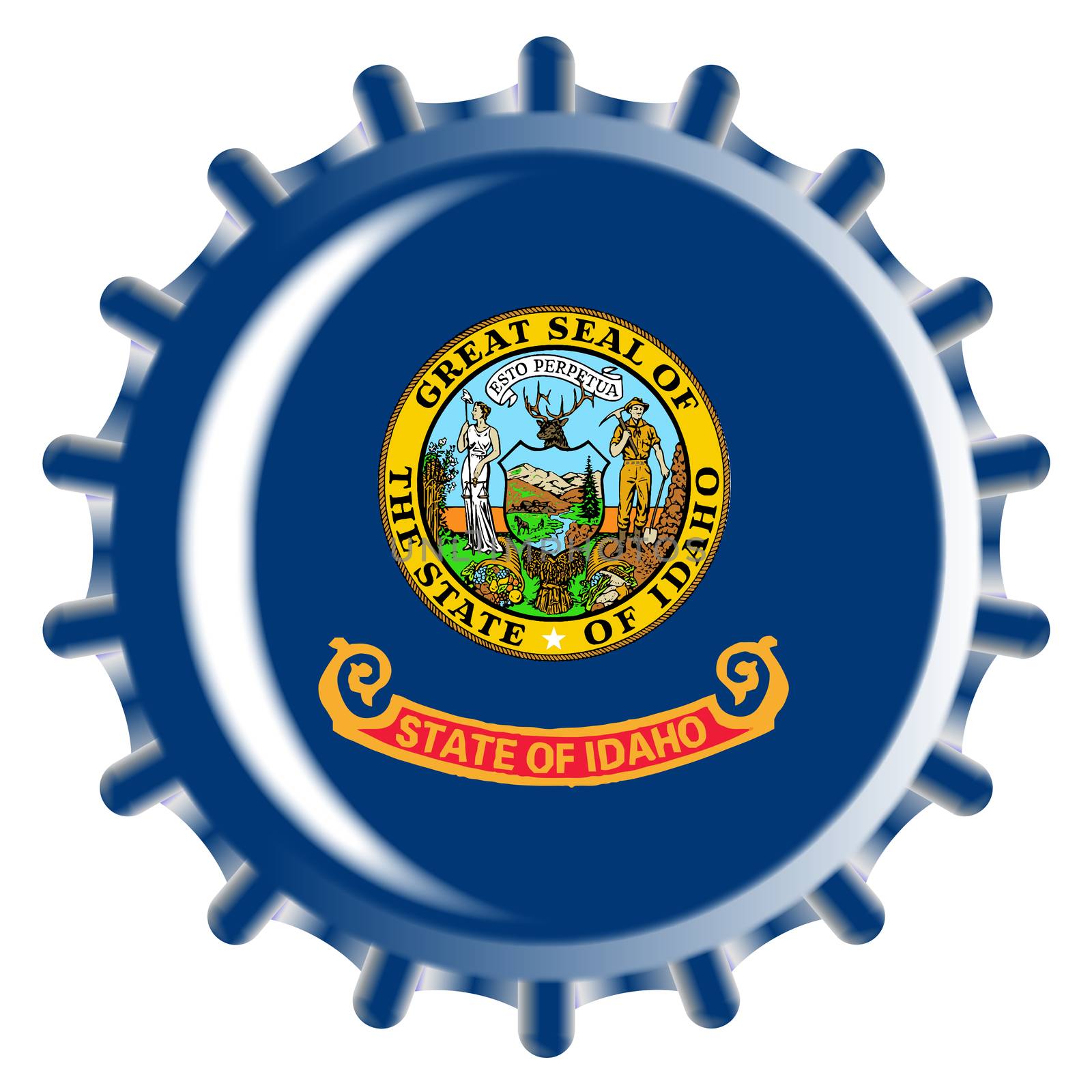 A typical metal glass bottle cap in Idaho state flag colors isolated on a white background