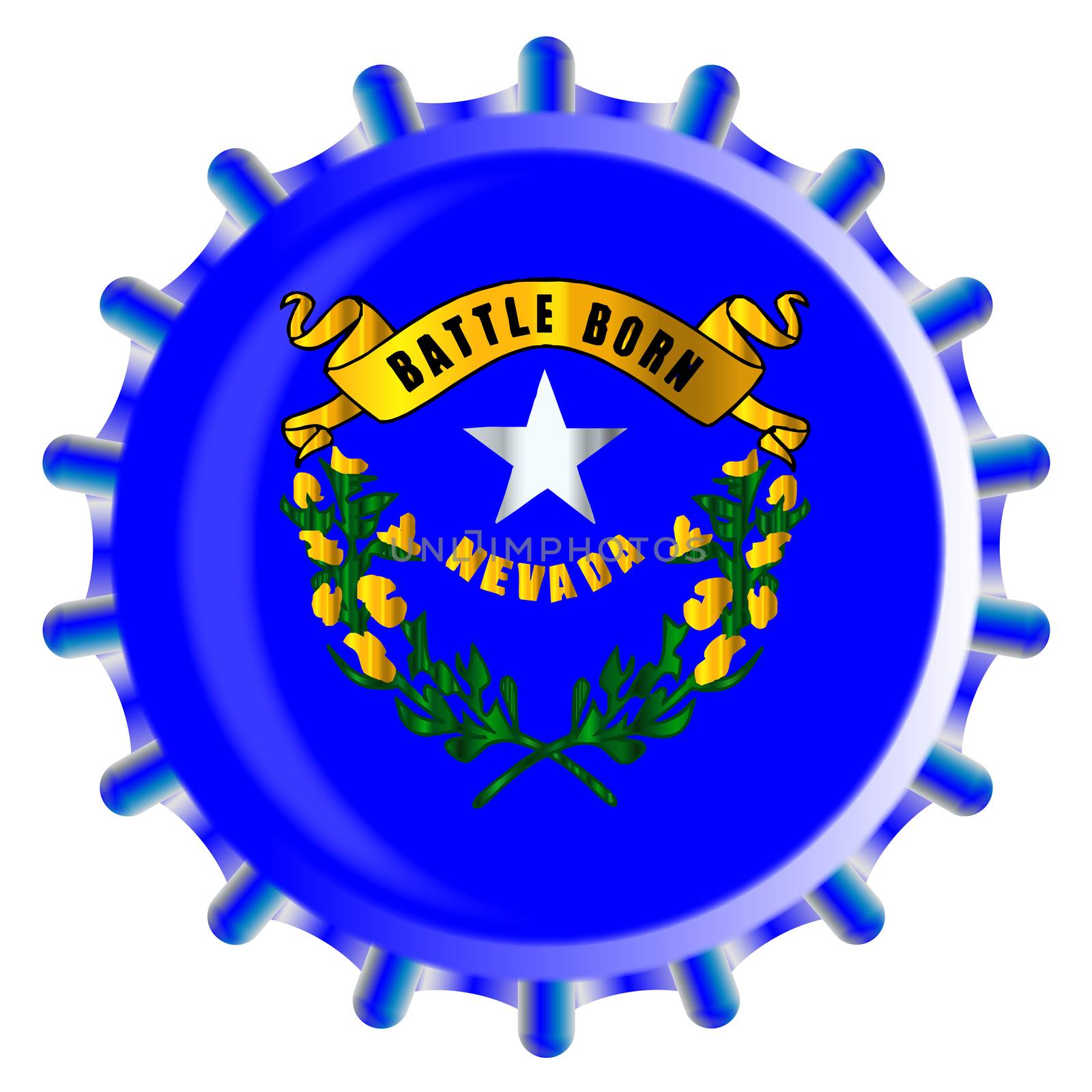 A typical metal glass bottle cap in Nevada state flag colors isolated on a white background