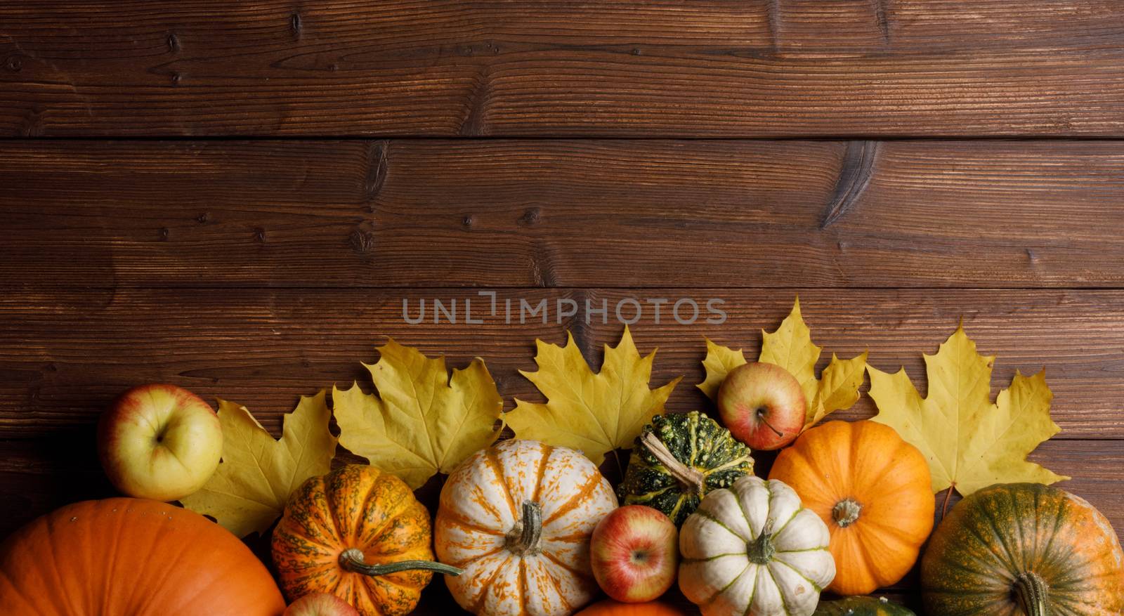 Many colorful pumpkins and maple leaves frame on wooden background , autumn harvest , Halloween or Thanksgiving concept