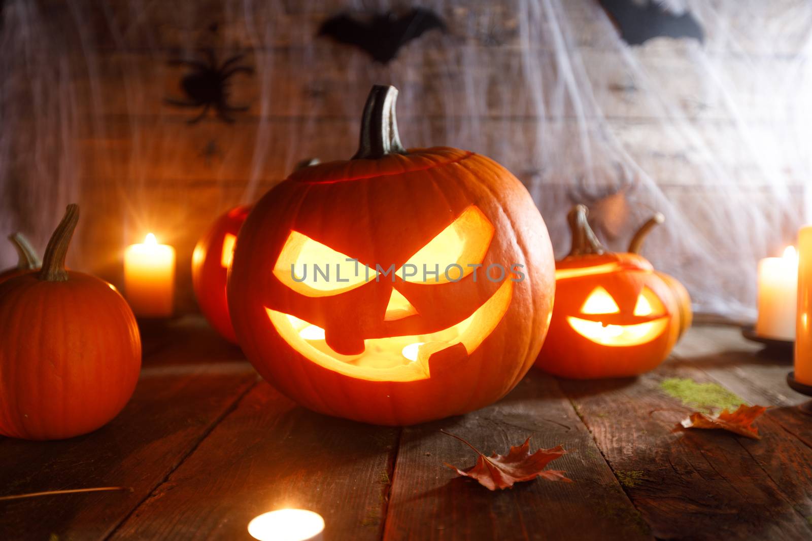 Jack O Lantern Halloween pumpkin, bats on web and burning candles