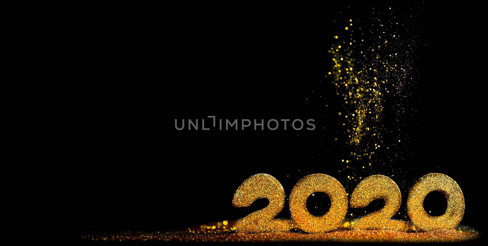 2020 New Year luxury design concept. Golden 2020 New Year horizontal template with golden glitter on black backgound