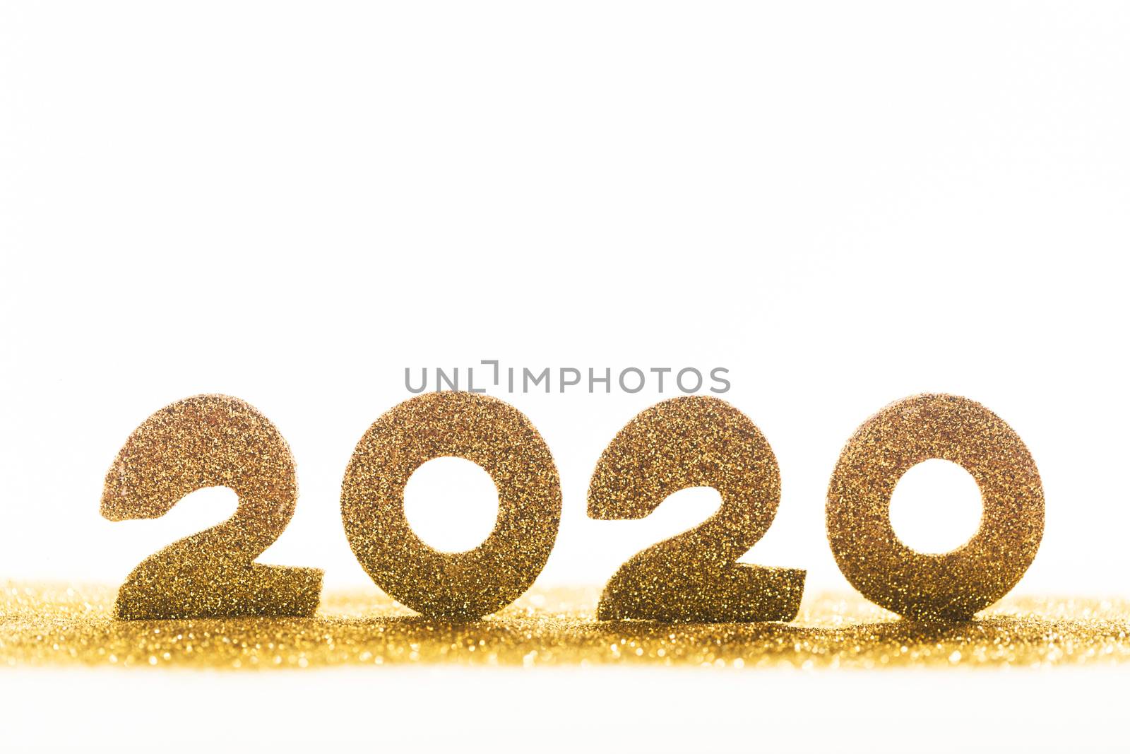 2020 New Year luxury design concept. Golden 2020 New Year horizontal template with golden glitter isolated on white backgound