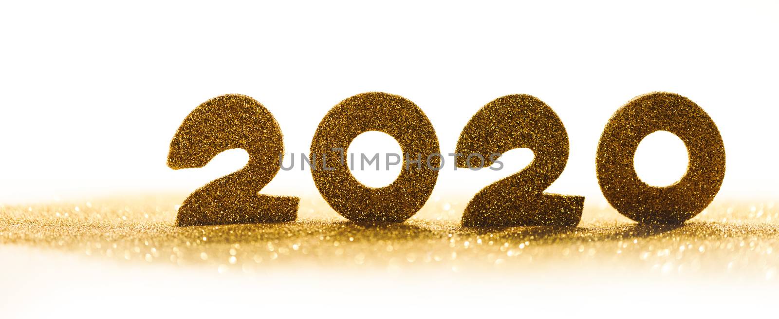 2020 New Year luxury design concept. Golden 2020 New Year horizontal template with golden glitter isolated on white backgound