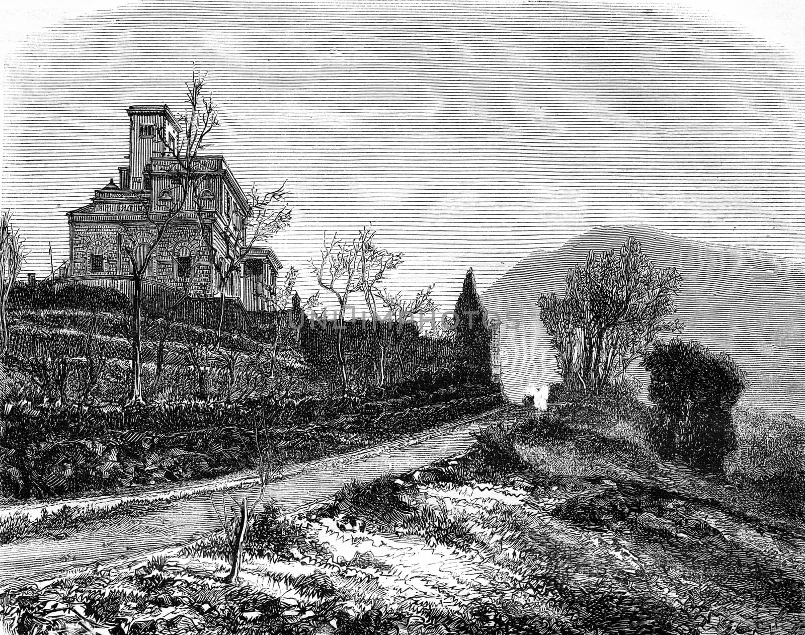 The Vesuvius Observatory, vintage engraving. by Morphart