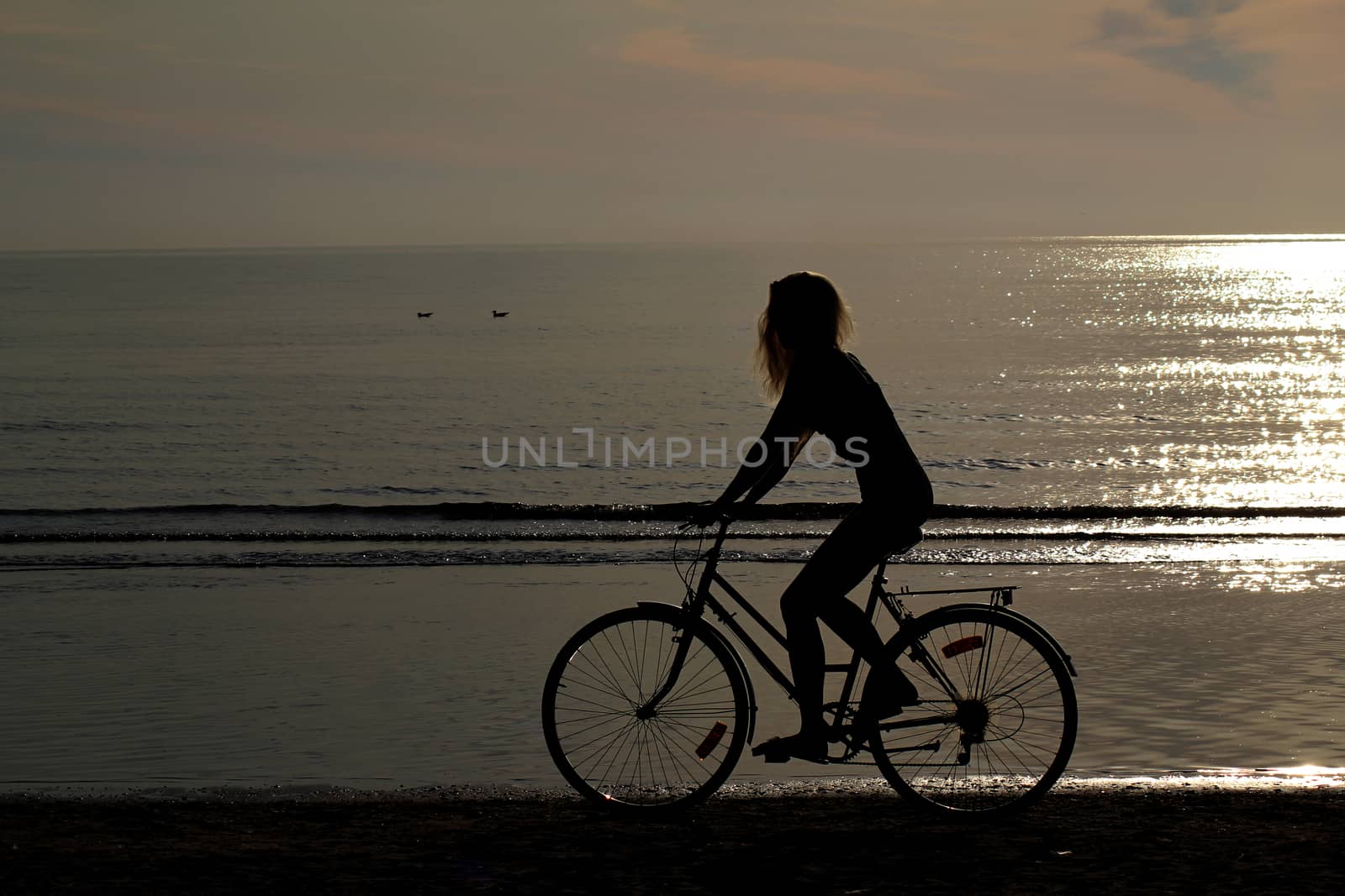 silhouette of a girl with long hair on a bicycle riding on the sand by the sea. Against the background of a small surf of the Baltic Sea. Shooting against the sun. Reflection of the sun on the surface of the water.