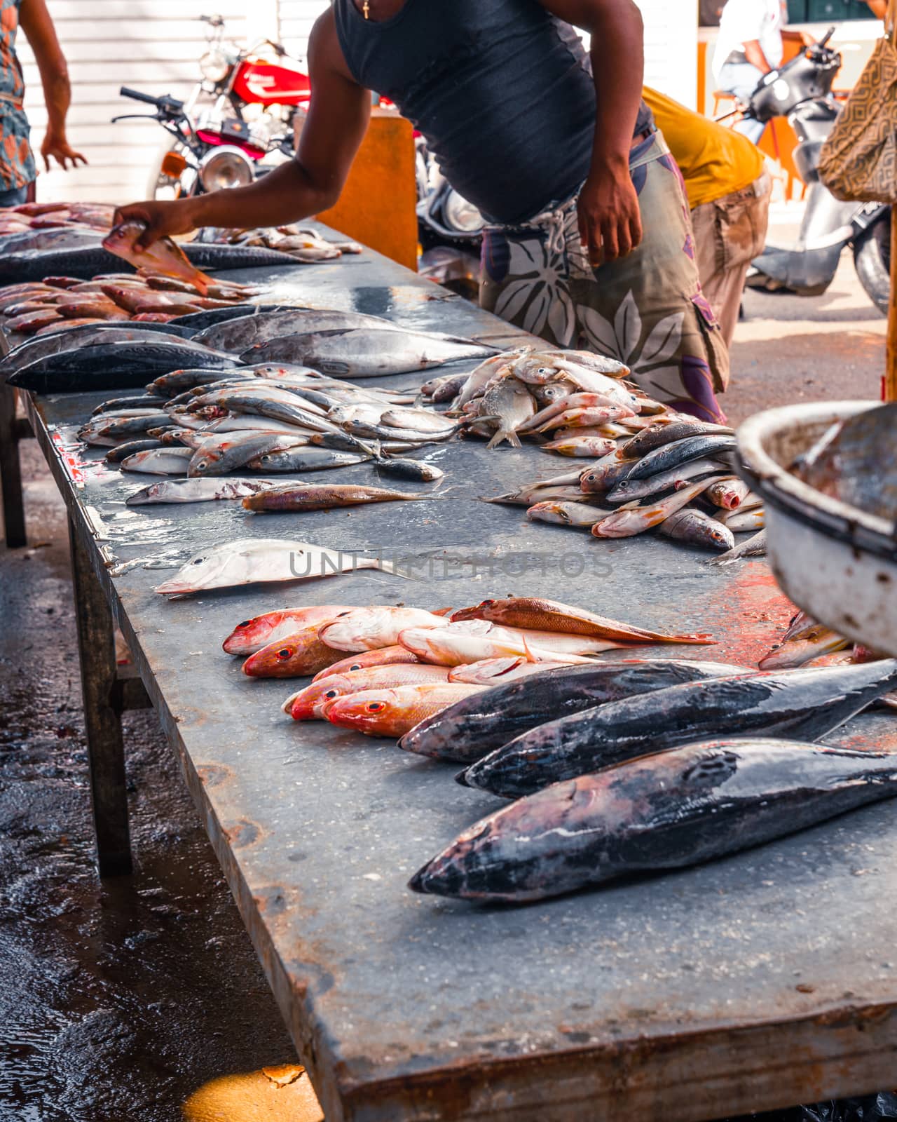 retail sale of fish on the dirty counter at the fish market, around people who watch and choose fish.