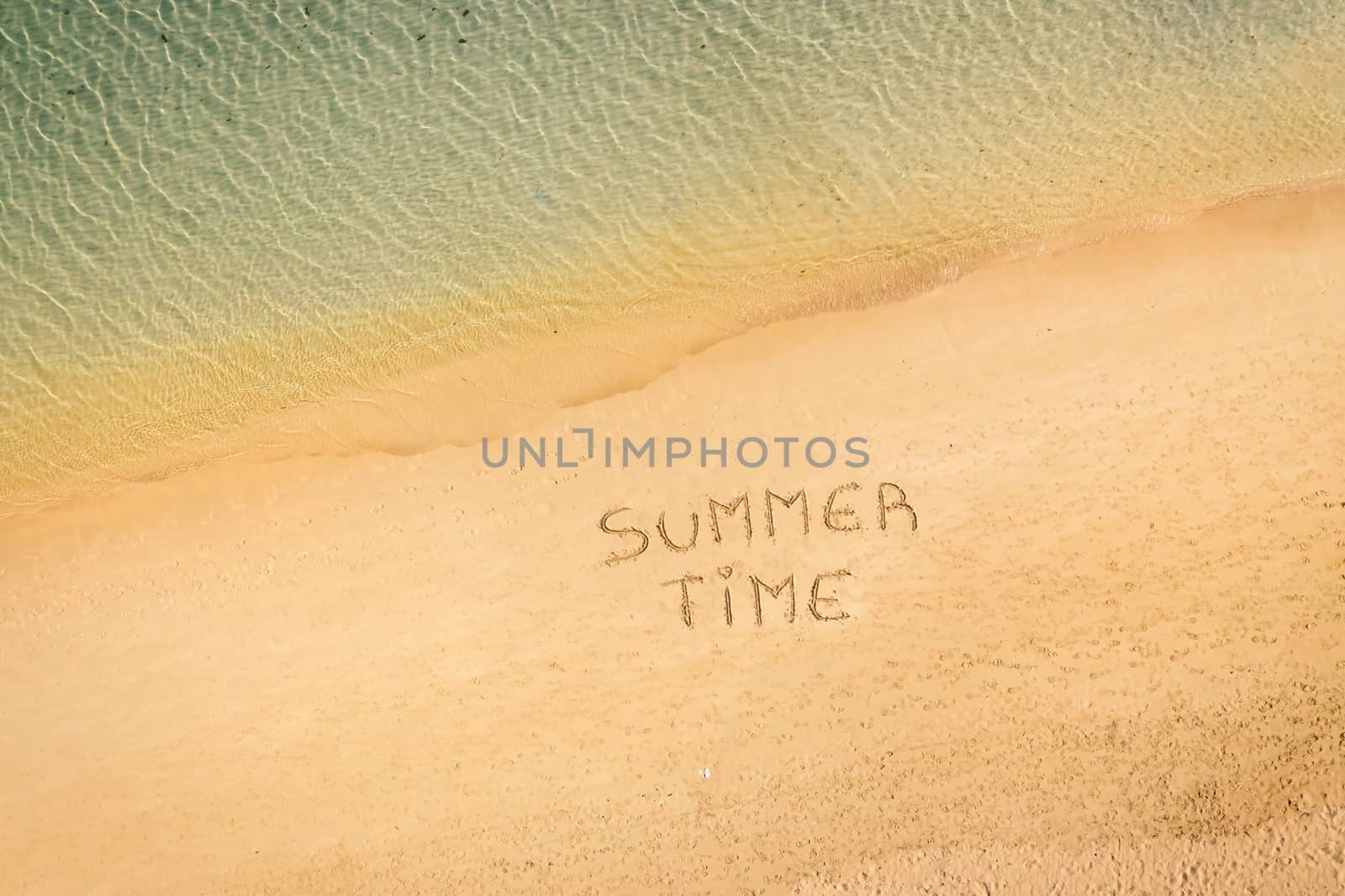 aerial view of the inscription on the sand "Summer Time", Caribbean beach and ocean seen from above