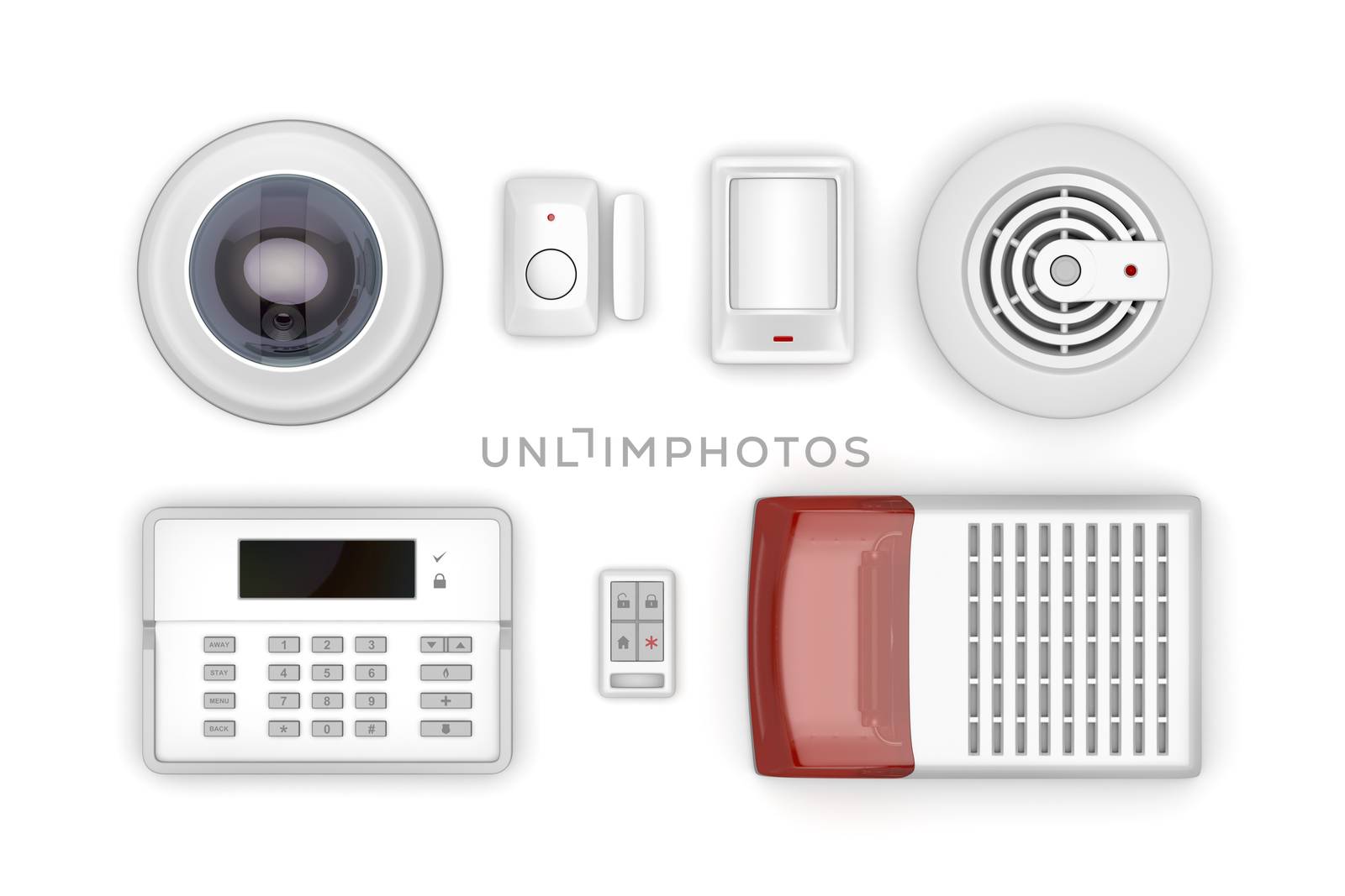 Security electronic devices on white background, top view 