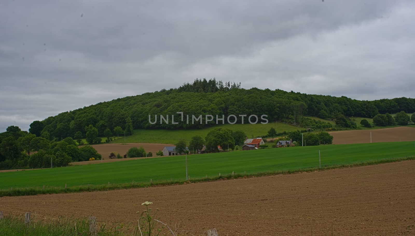 View from the hill on tranquil landscape in rural Normandy