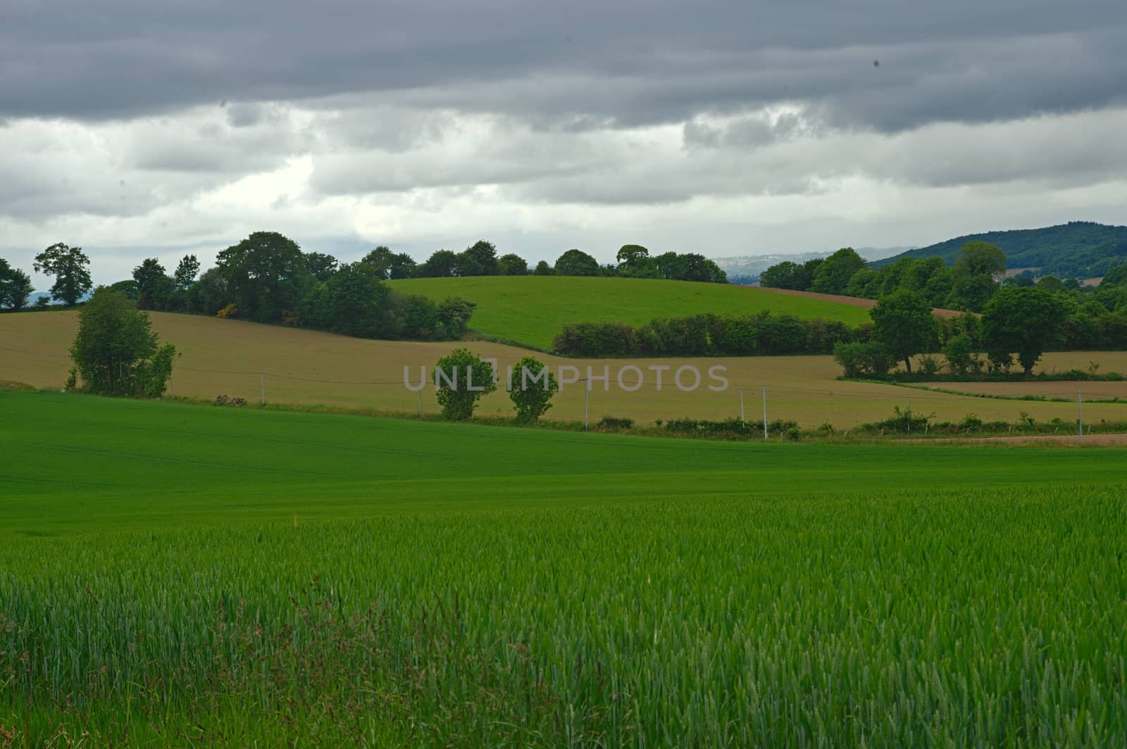 View from the hill on tranquil landscape in rural Normandy