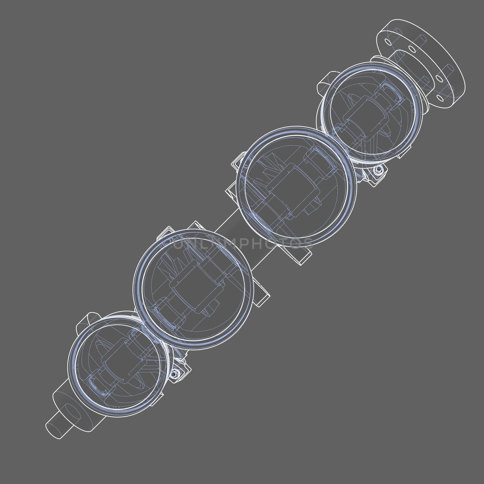 Engine pistons outline. 3D illustration. White lines and grey background