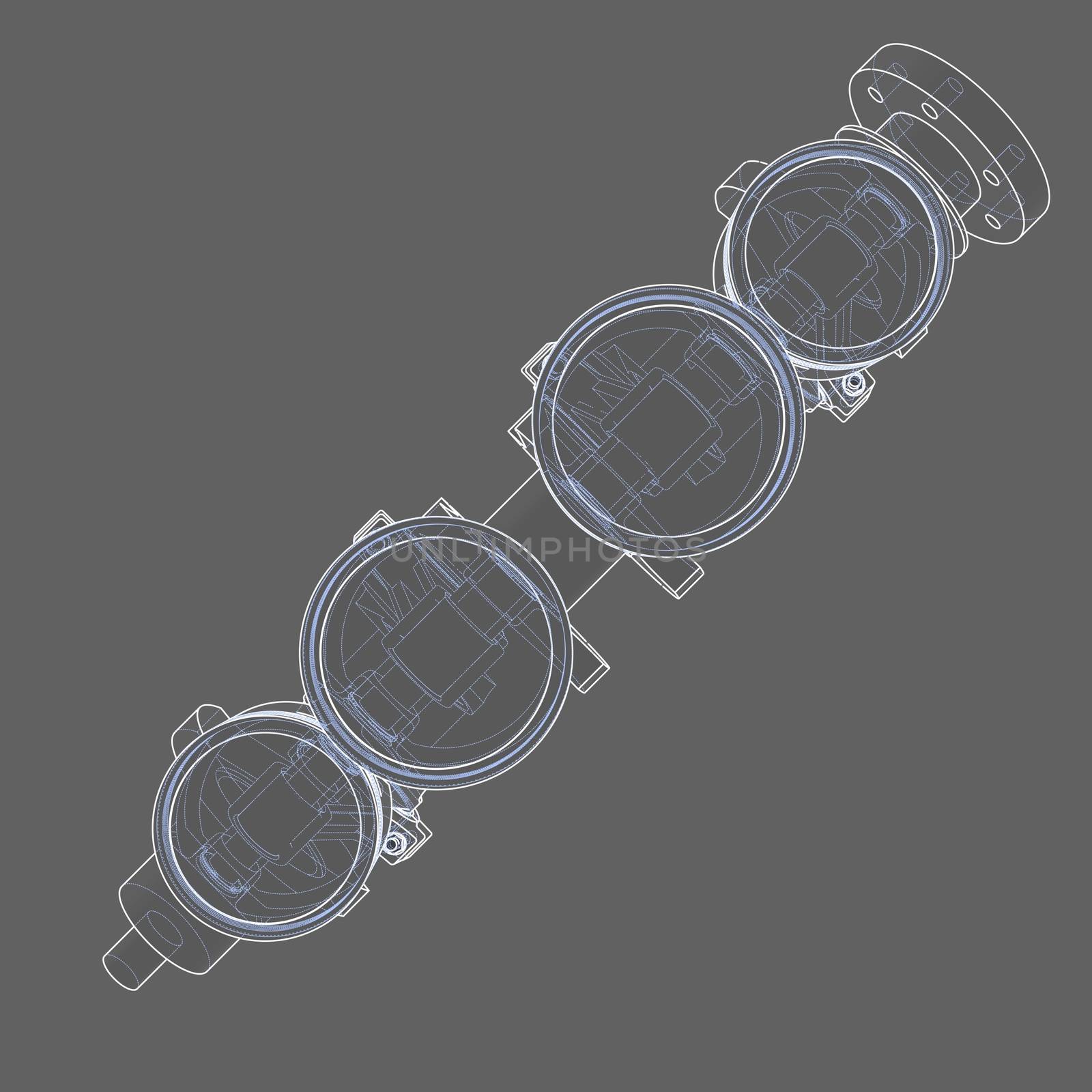 Engine pistons outline. 3D illustration. White lines and grey background