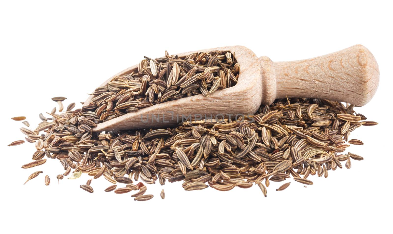 Cumin or caraway seeds in scoop isolated on white background by xamtiw