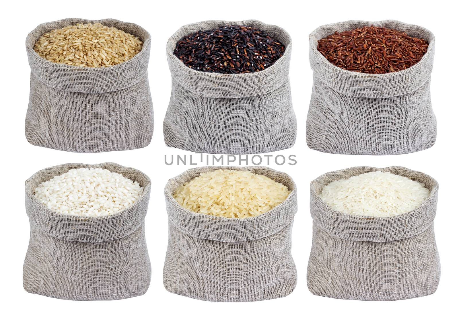 Different types of rice in bags isolated on white background. Collection by xamtiw