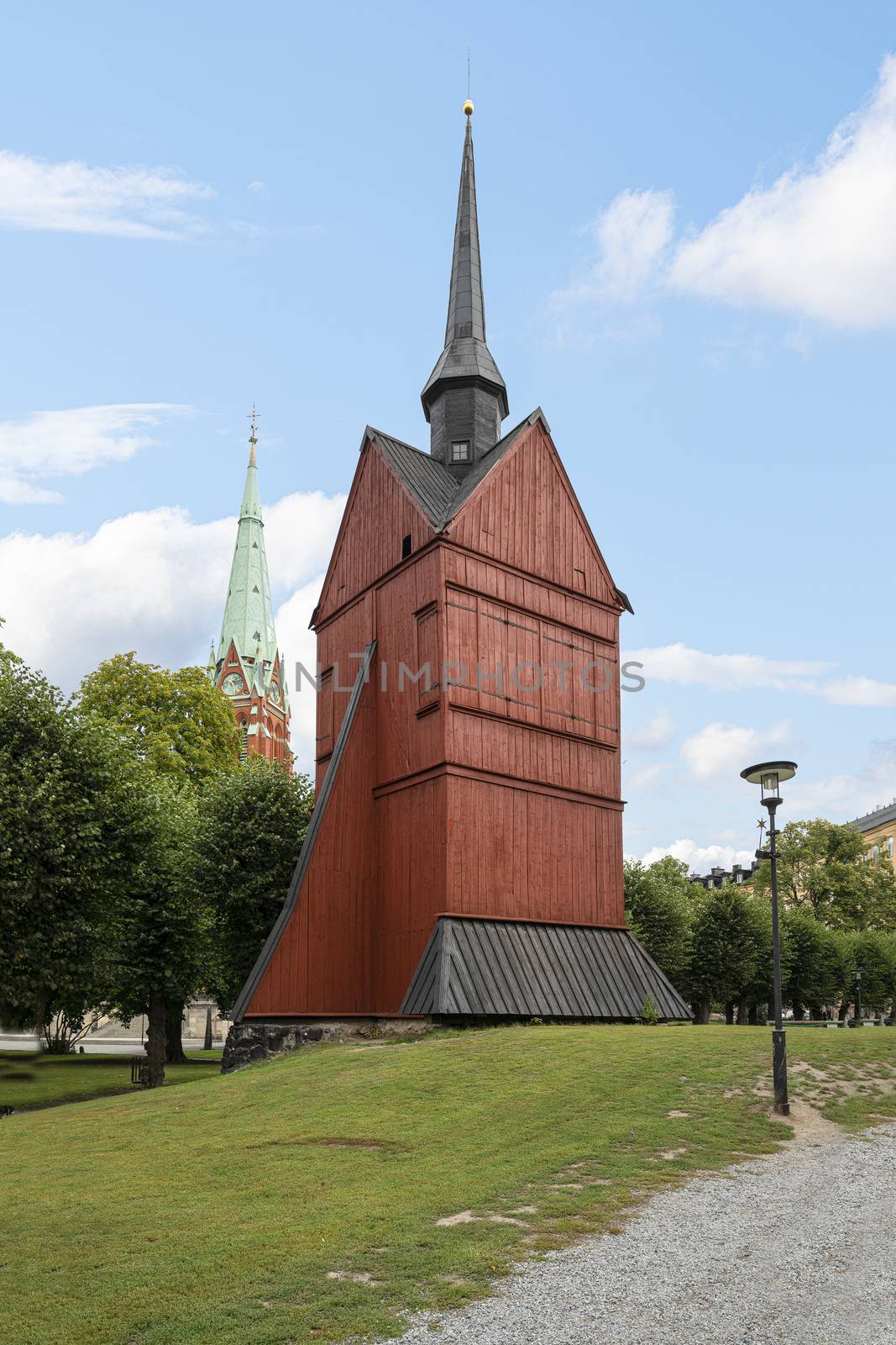 Stockholm, Sweden. September 2019. A view of the  John's wooden Bell Tower in the parl

