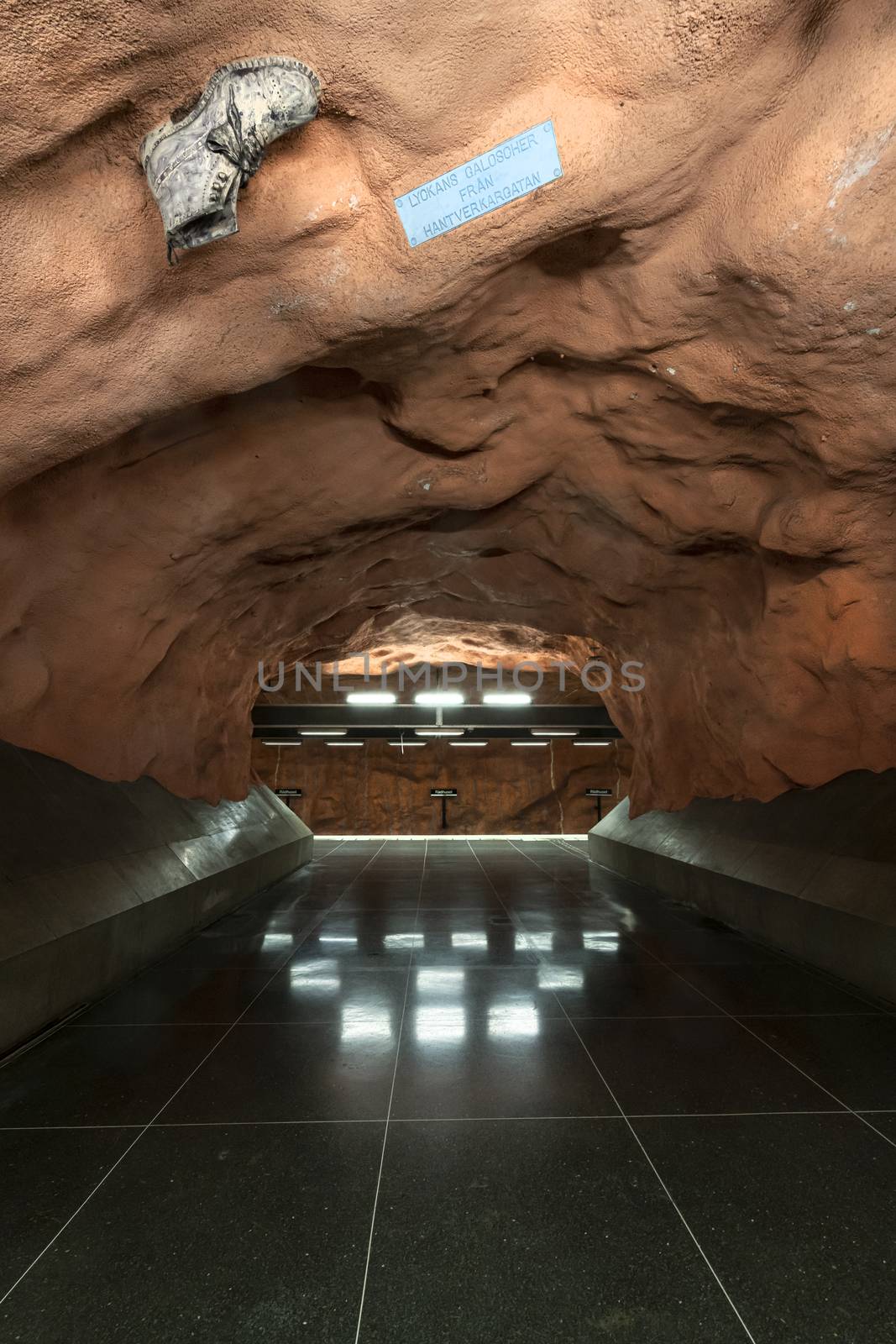 Stockholm, Sweden. September 2019.  The interior view of the  Radhuset Metro Station  platform