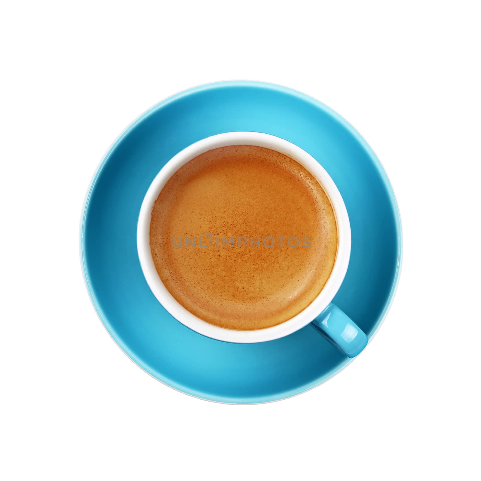 Full cup of espresso coffee on blue saucer isolated on white background, close up, elevated top view, directly above