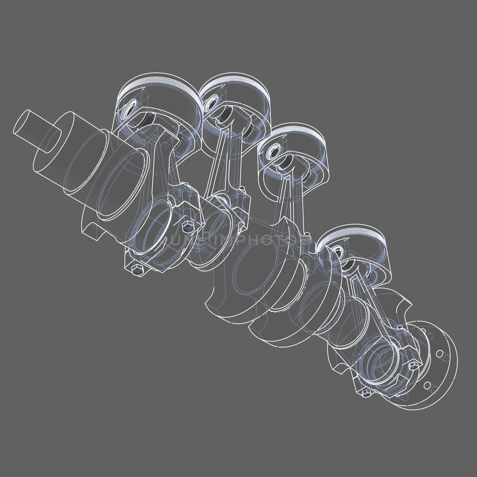 Engine pistons outline. 3D illustration. White lines and grey background