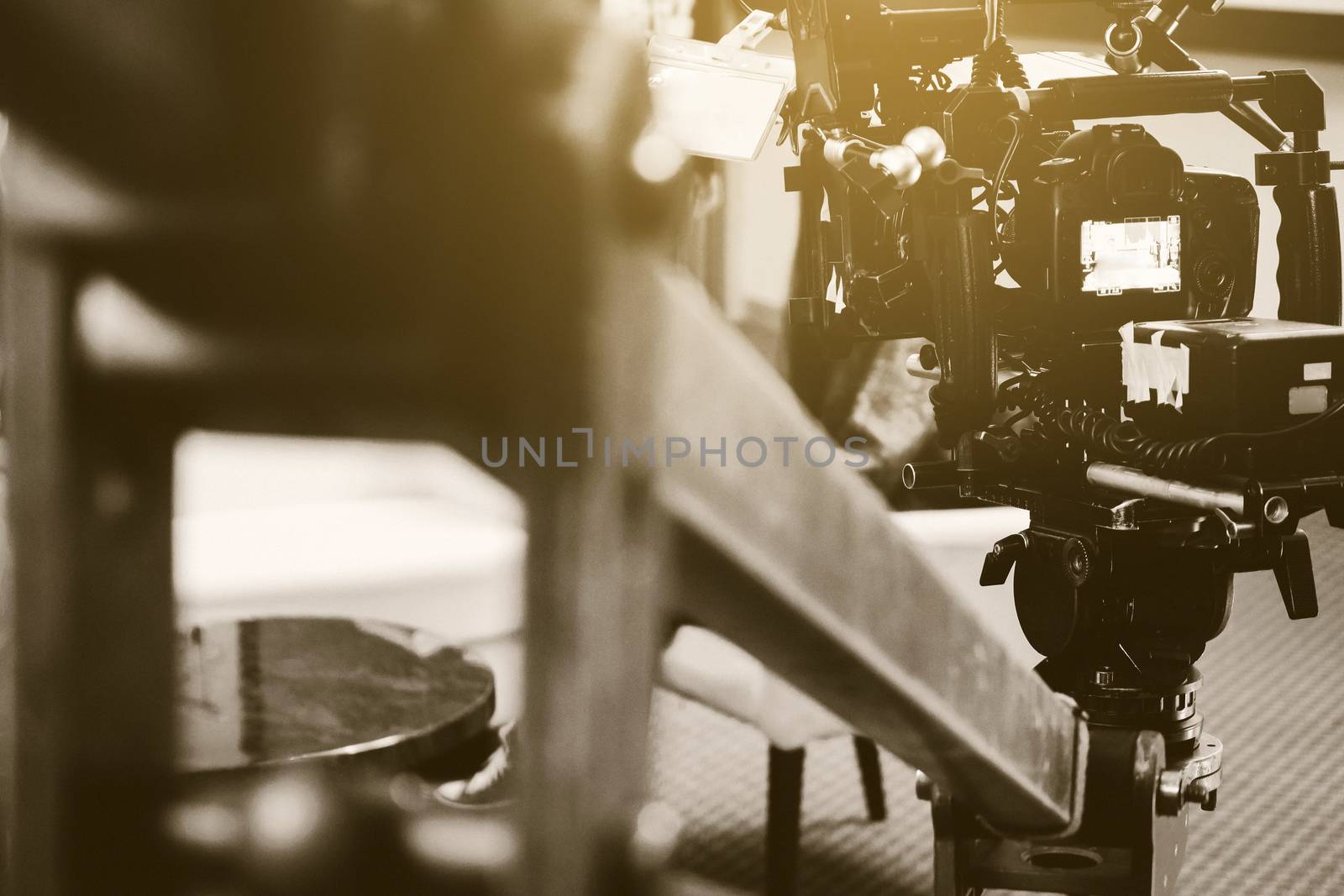 Film industry. Filming with professional camera background