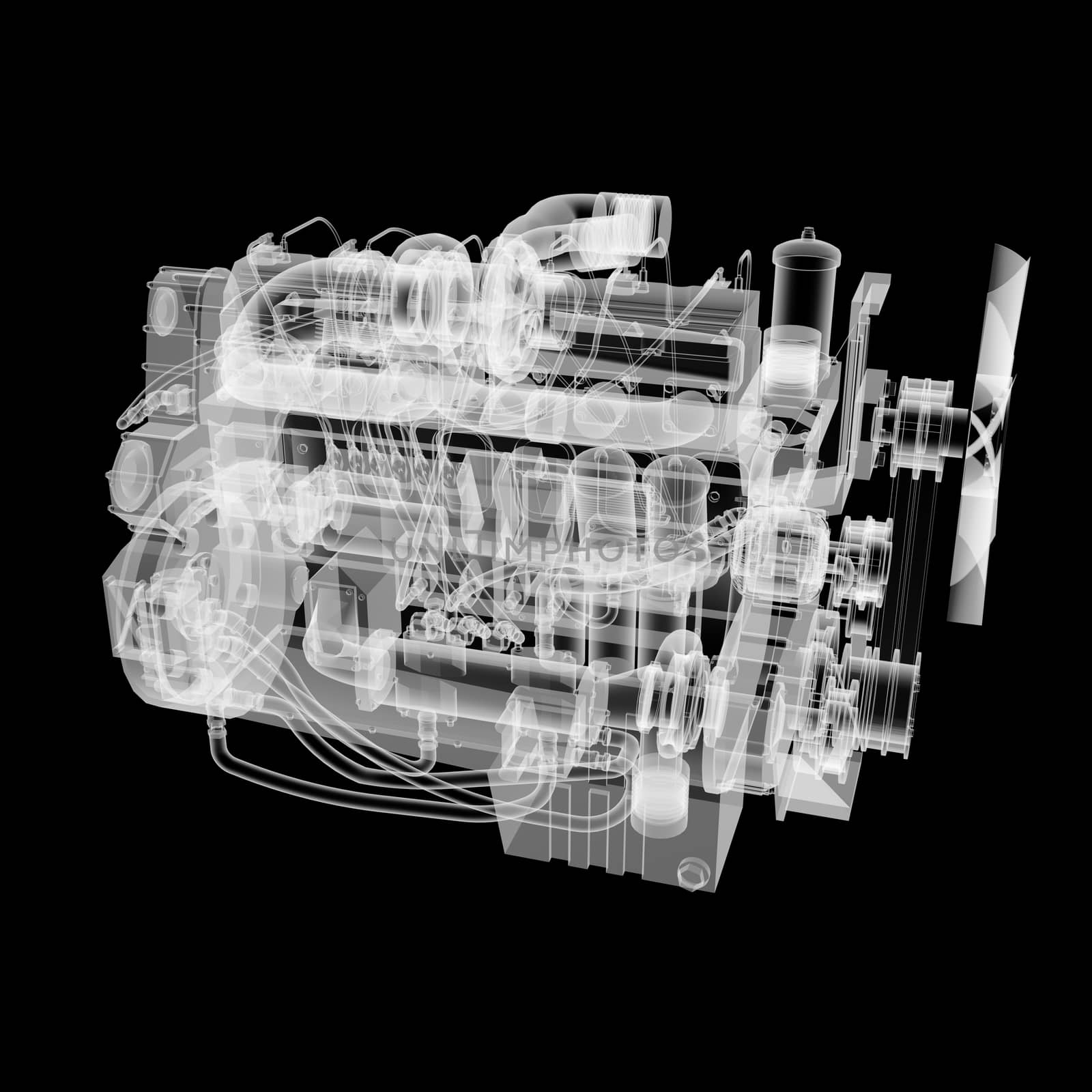 Internal combustion engine X-Ray style. Isolated on black background. 3D illustration