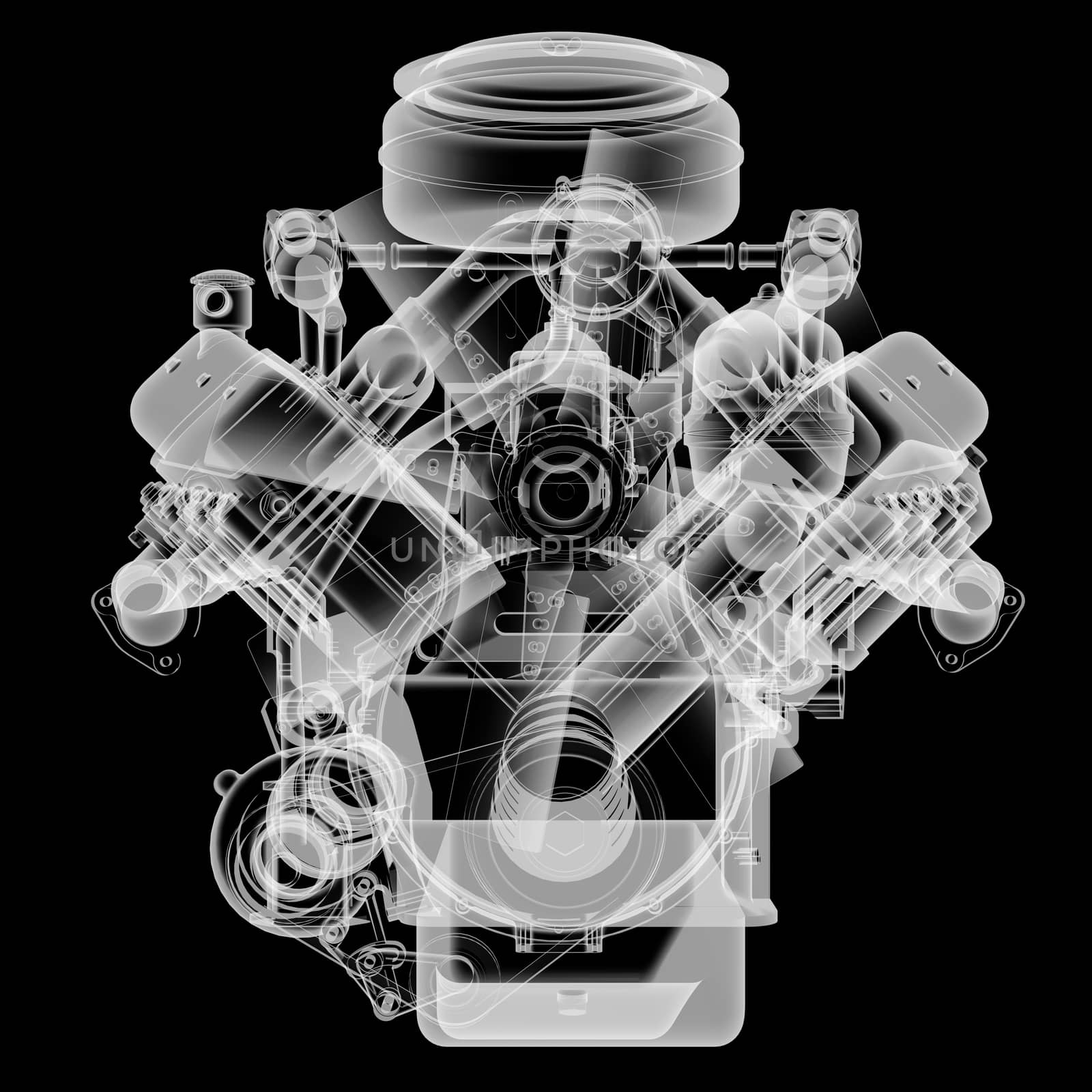 Internal combustion engine X-Ray style. Isolated on black background. 3D illustration