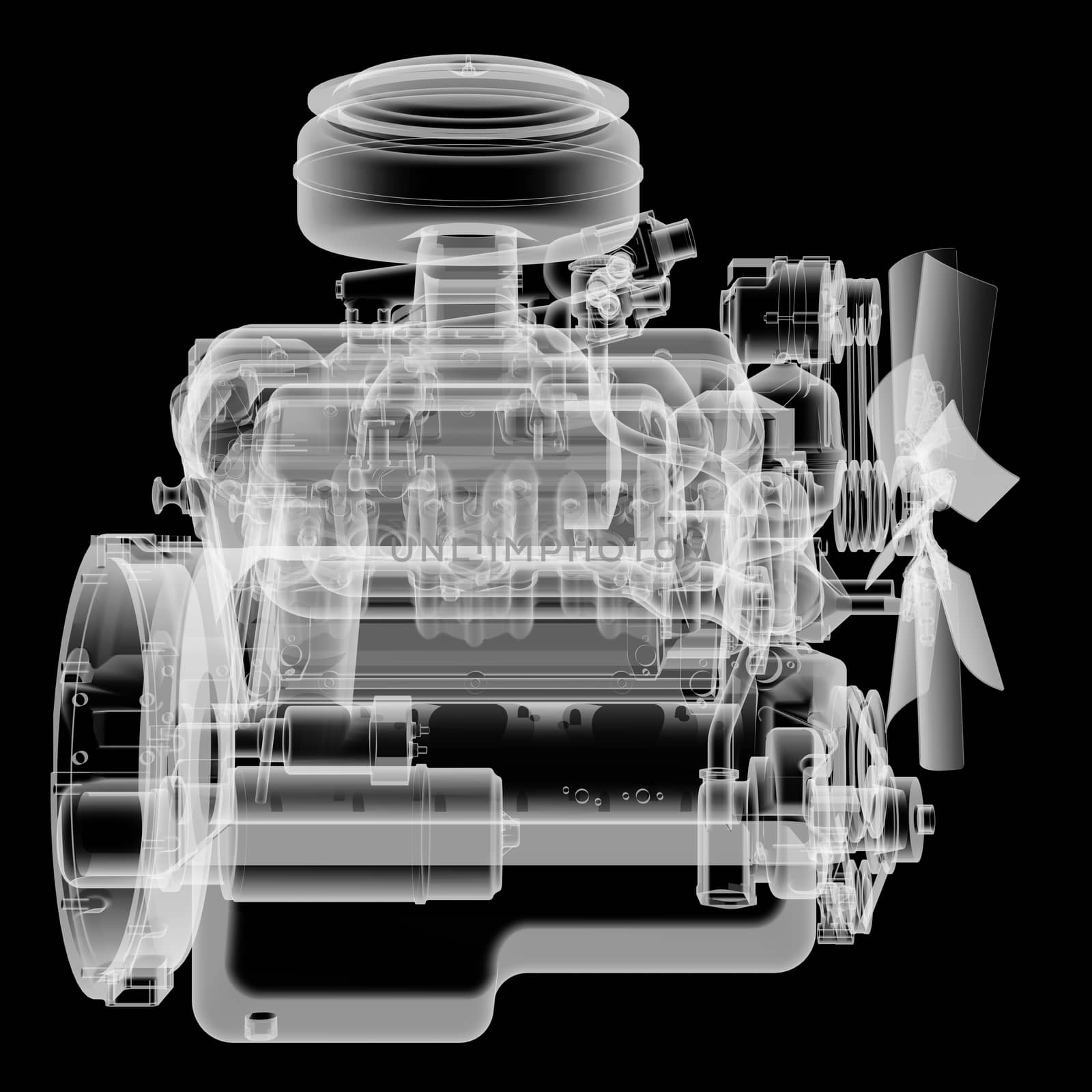 Internal combustion engine X-Ray style. Isolated on black background. 3D illustration