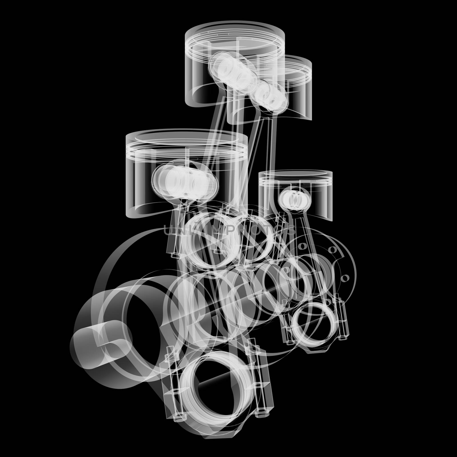 Pistons and crankshaft X-Ray style. Isolated on black background. 3D illustration