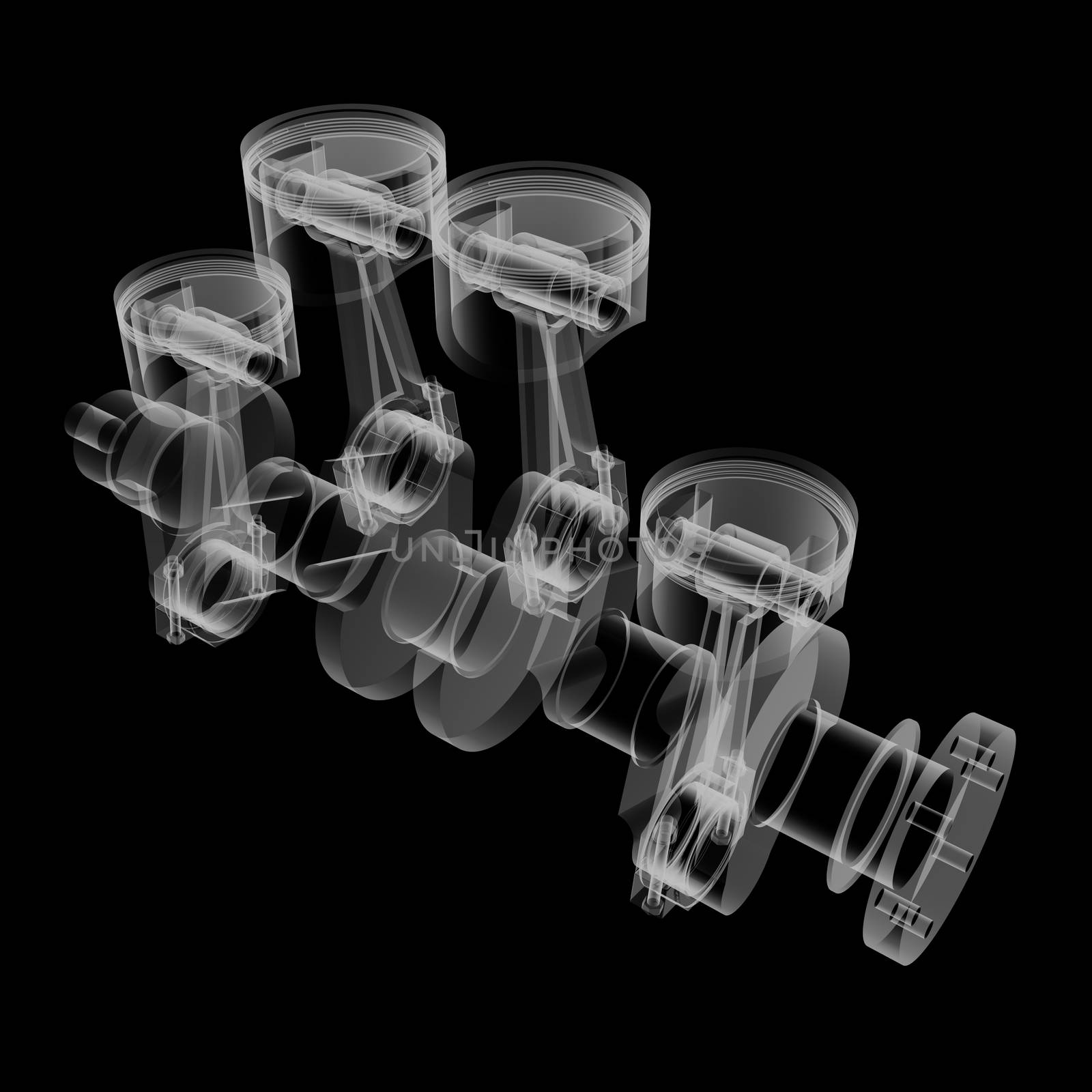 Pistons and crankshaft X-Ray style. Isolated on black background. 3D illustration