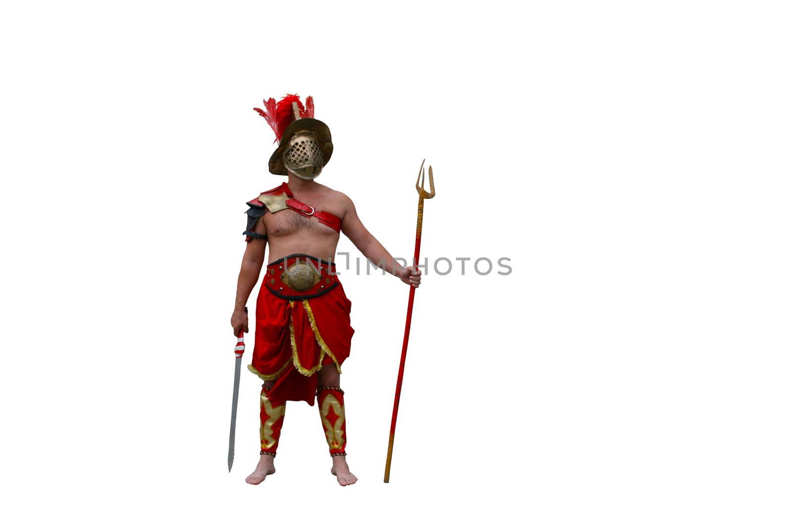 
Roman Gladiator with spear and helmet with feathers on white background. by Igor2006