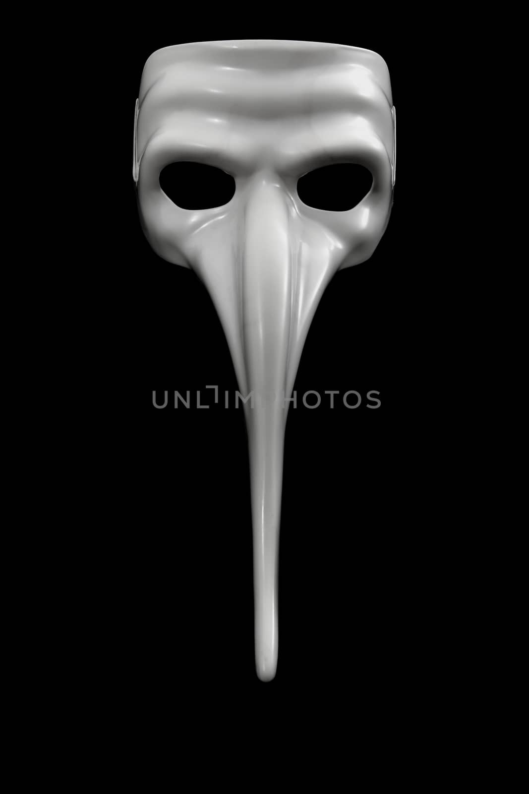 White mask with long nose is isolated on black background