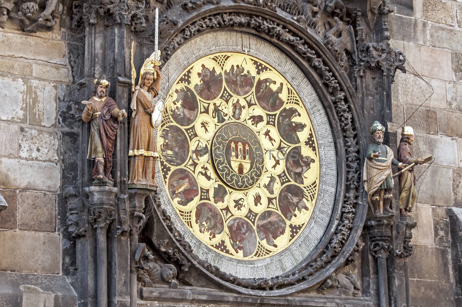 Close up view of the medieval astronomical clock of Prague, Czech Republic.
