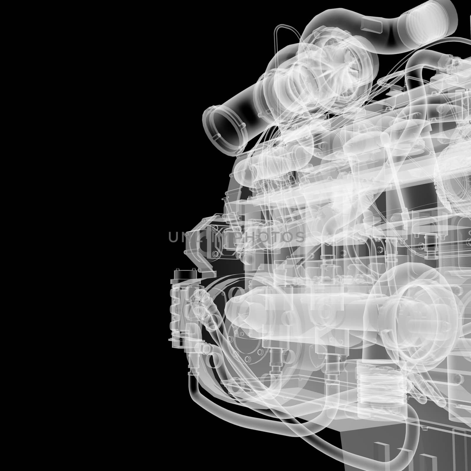 Internal combustion engine X-Ray style. Isolated on black background. 3D illustration