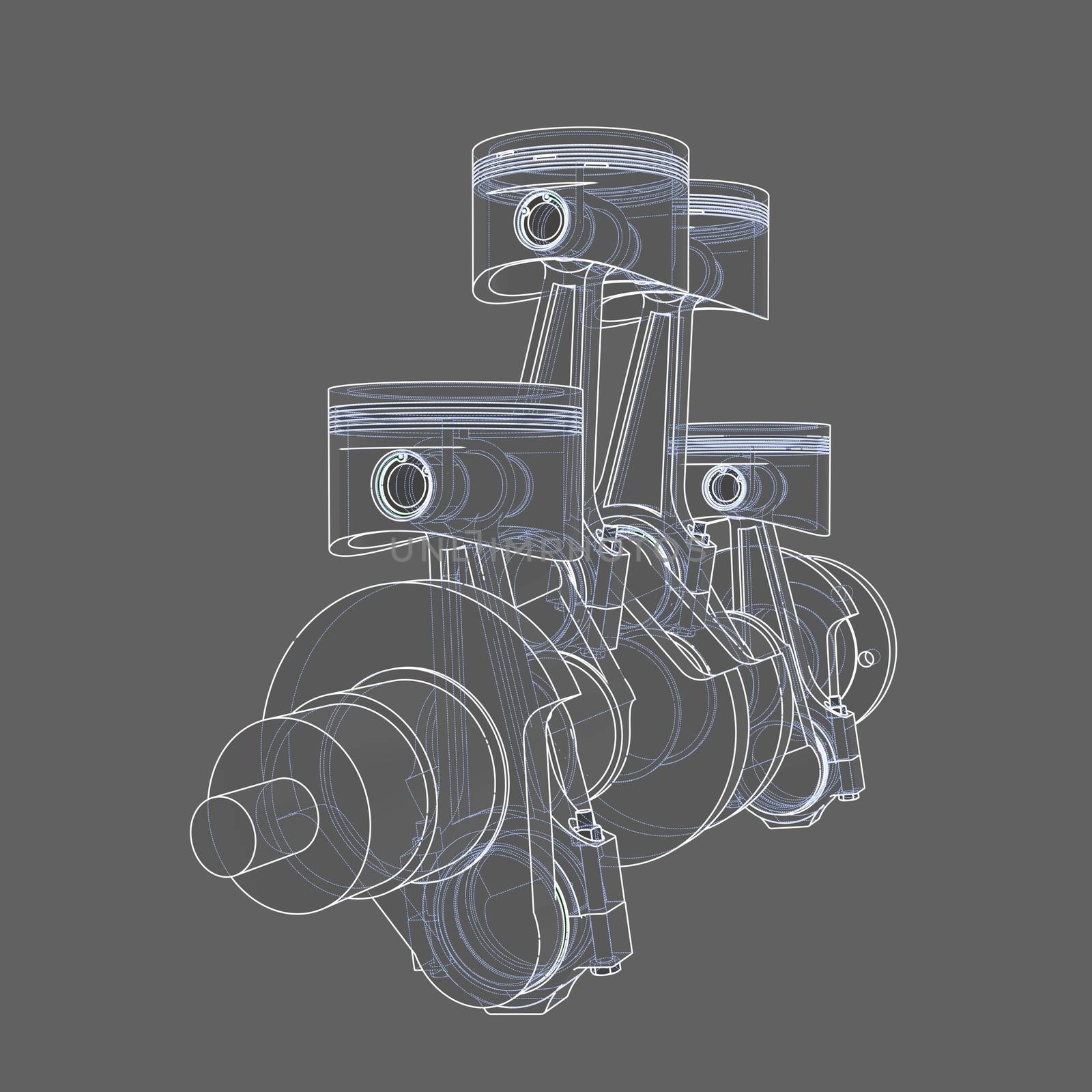 Engine pistons outline. 3D illustration. White lines and grey background