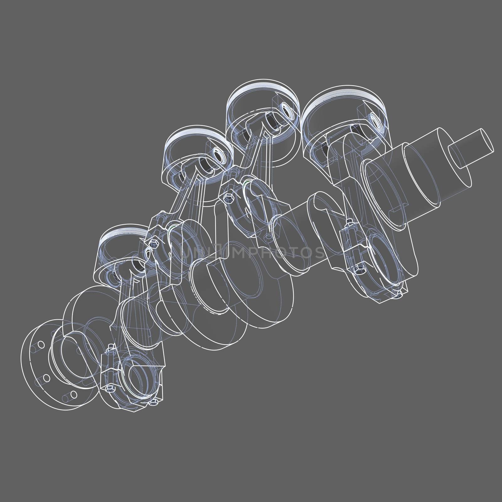 Engine pistons outline. 3D illustration. White lines and grey background