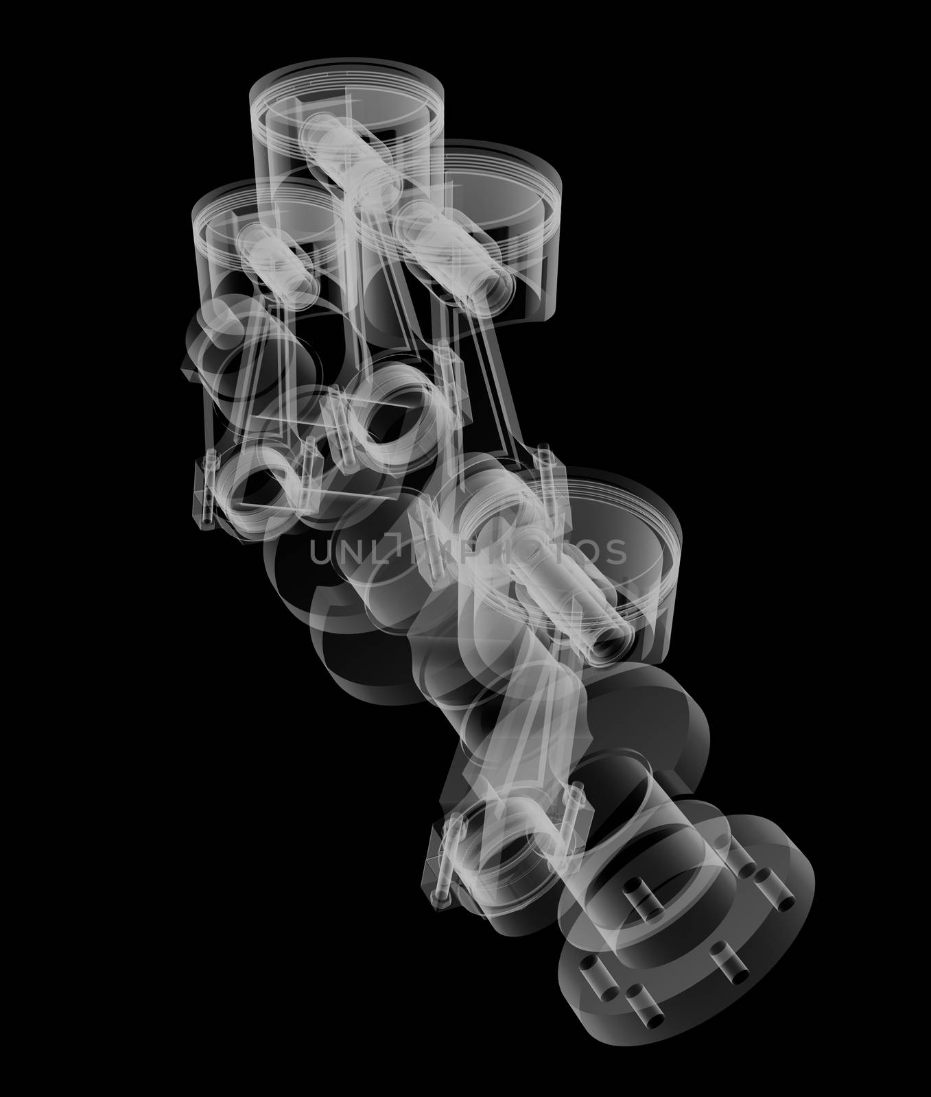 Pistons and crankshaft X-Ray style. Isolated on black background. 3D illustration