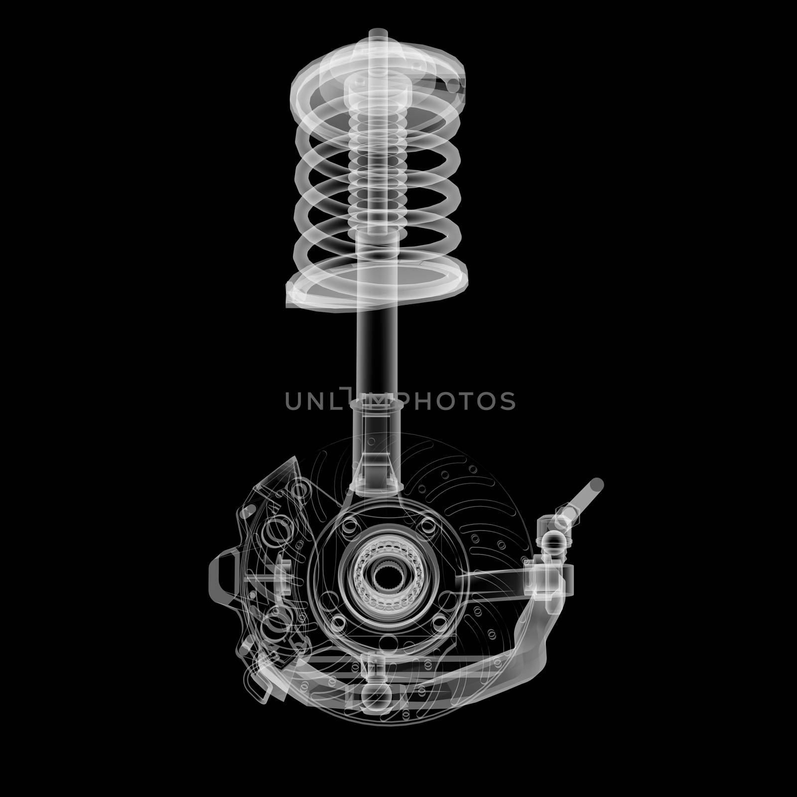 X-ray Car suspension and brake disk on black background, 3d illustration