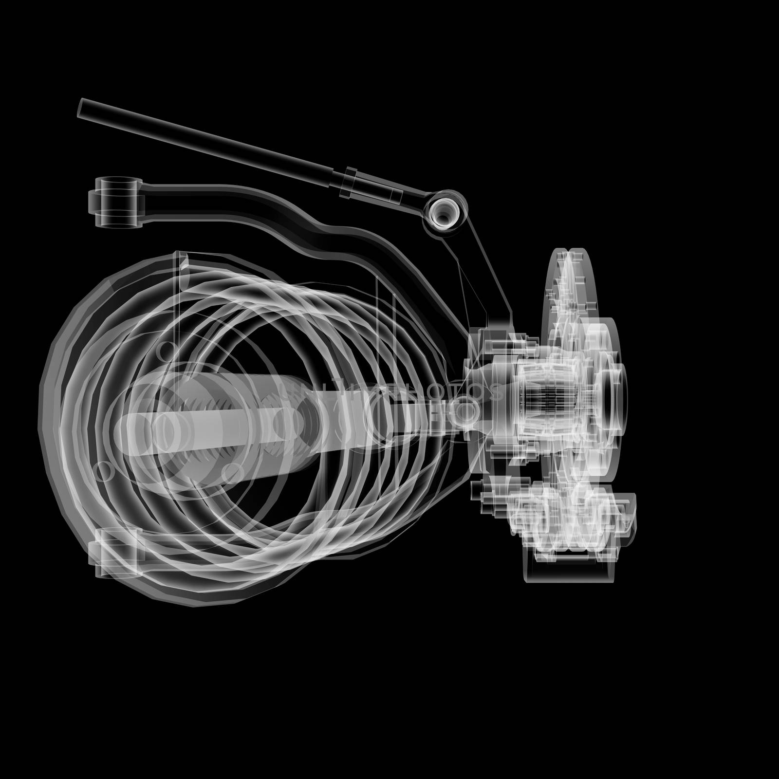 X-ray Car suspension and brake disk on black background, 3d illustration