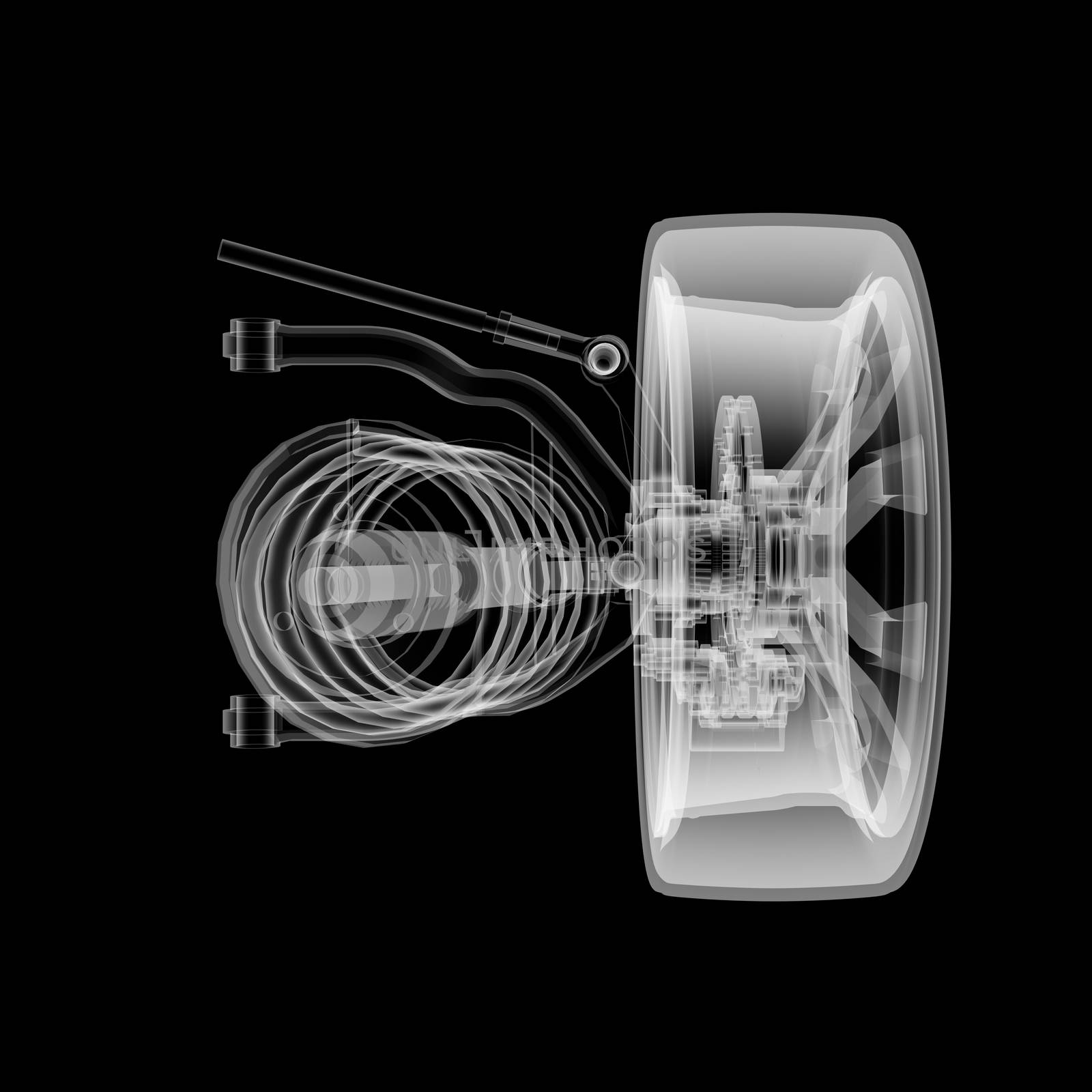 X-ray Car suspension and brake disk on black background, 3d illustration