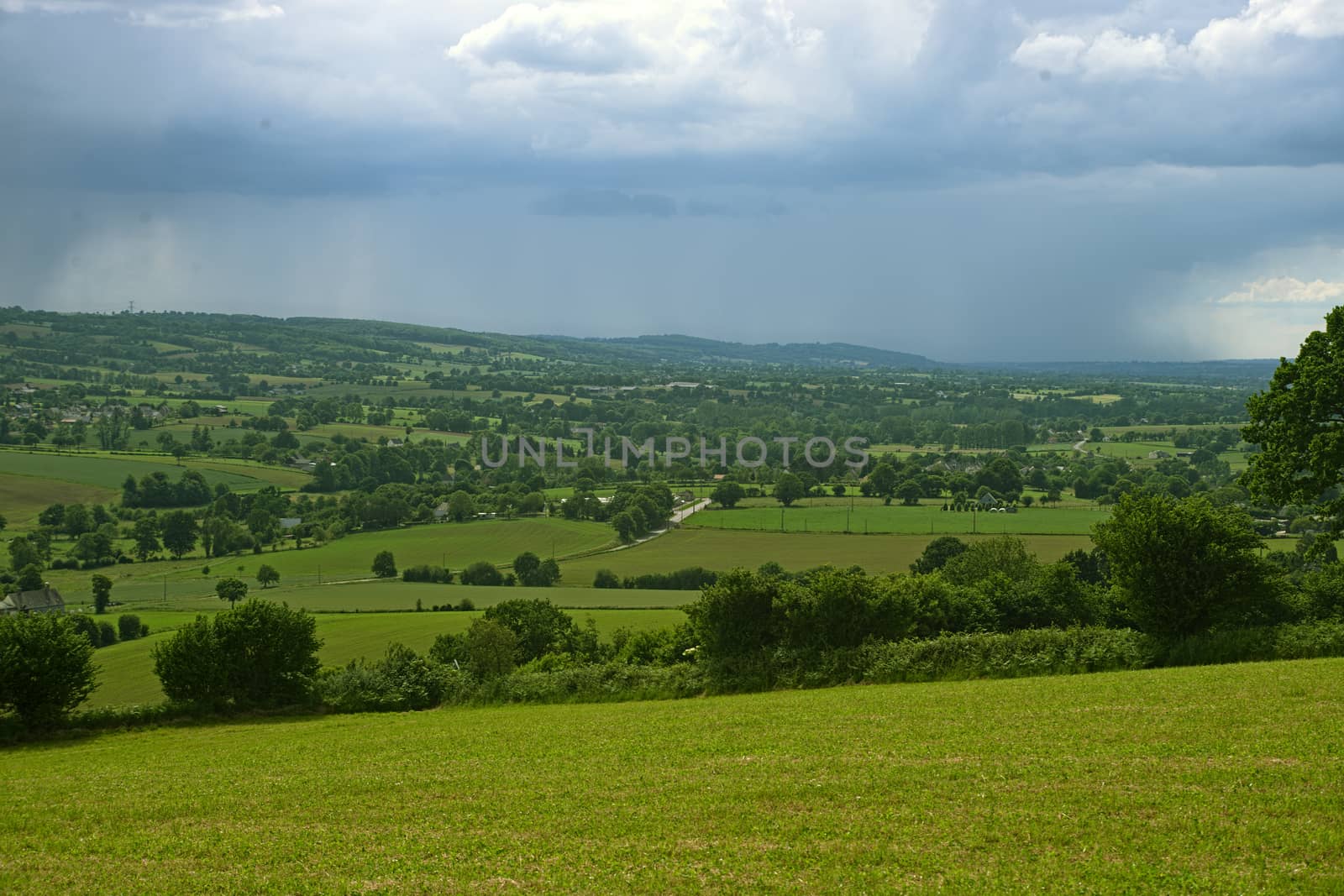 View from the hill on tranquil landscape in rural Normandy