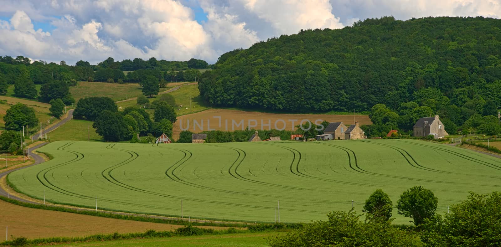 View from the hill on tranquil landscape in rural Normandy